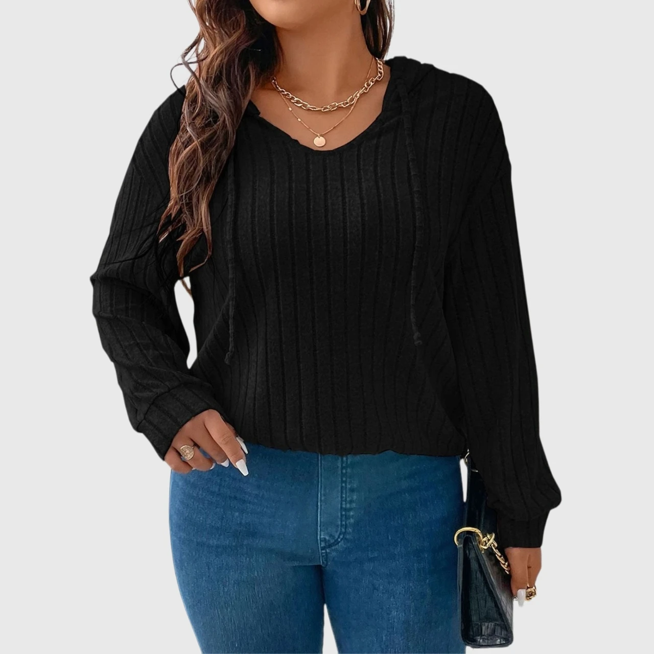 YesFashion Womens Plus Long Sleeve Hoodie Casual V Neck Hooded Drawstring Shirts Tops