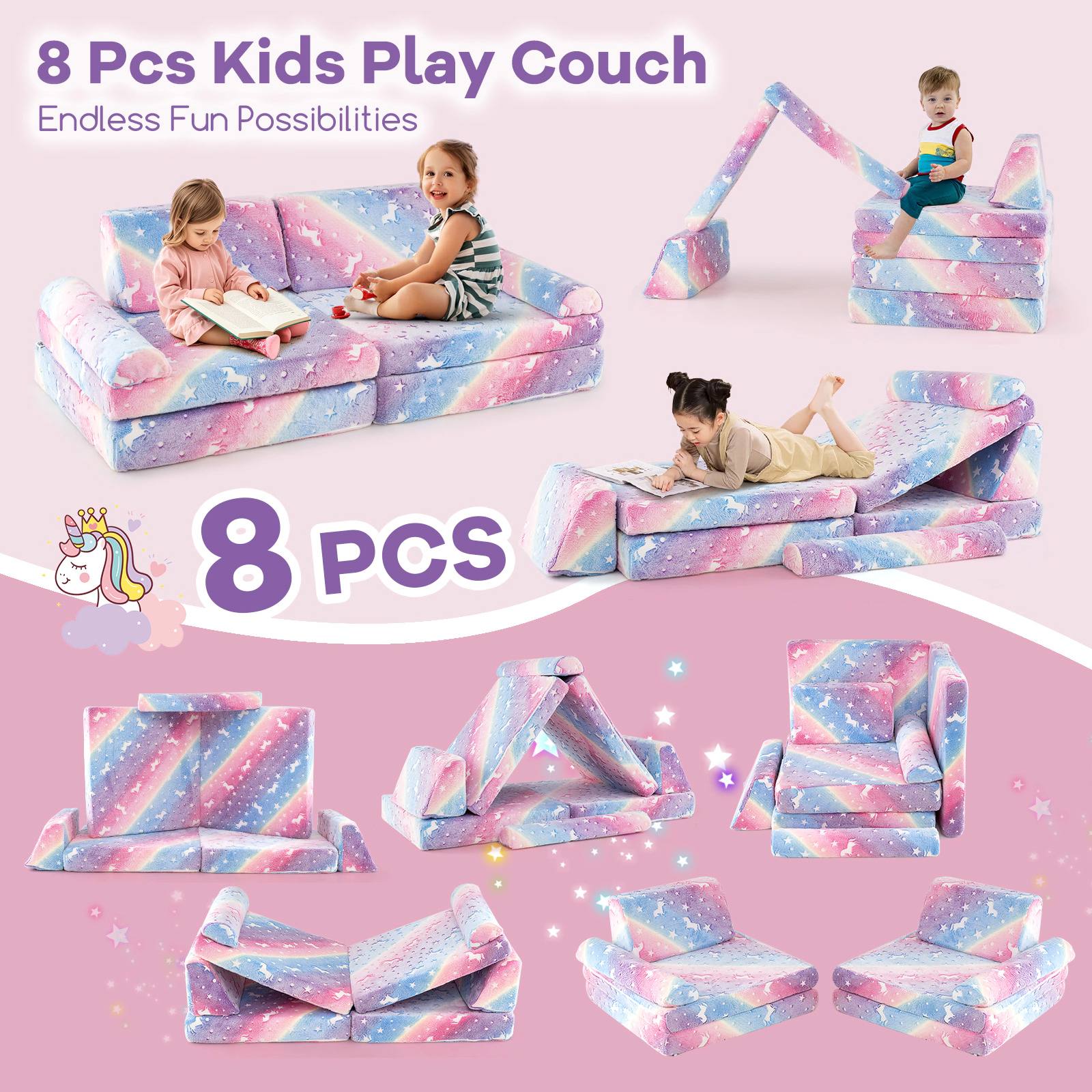 SUGIFT Glow-in-the-Dark Modular Kids Play Couch Toddler Sectional Sofa Gray/Multicolor