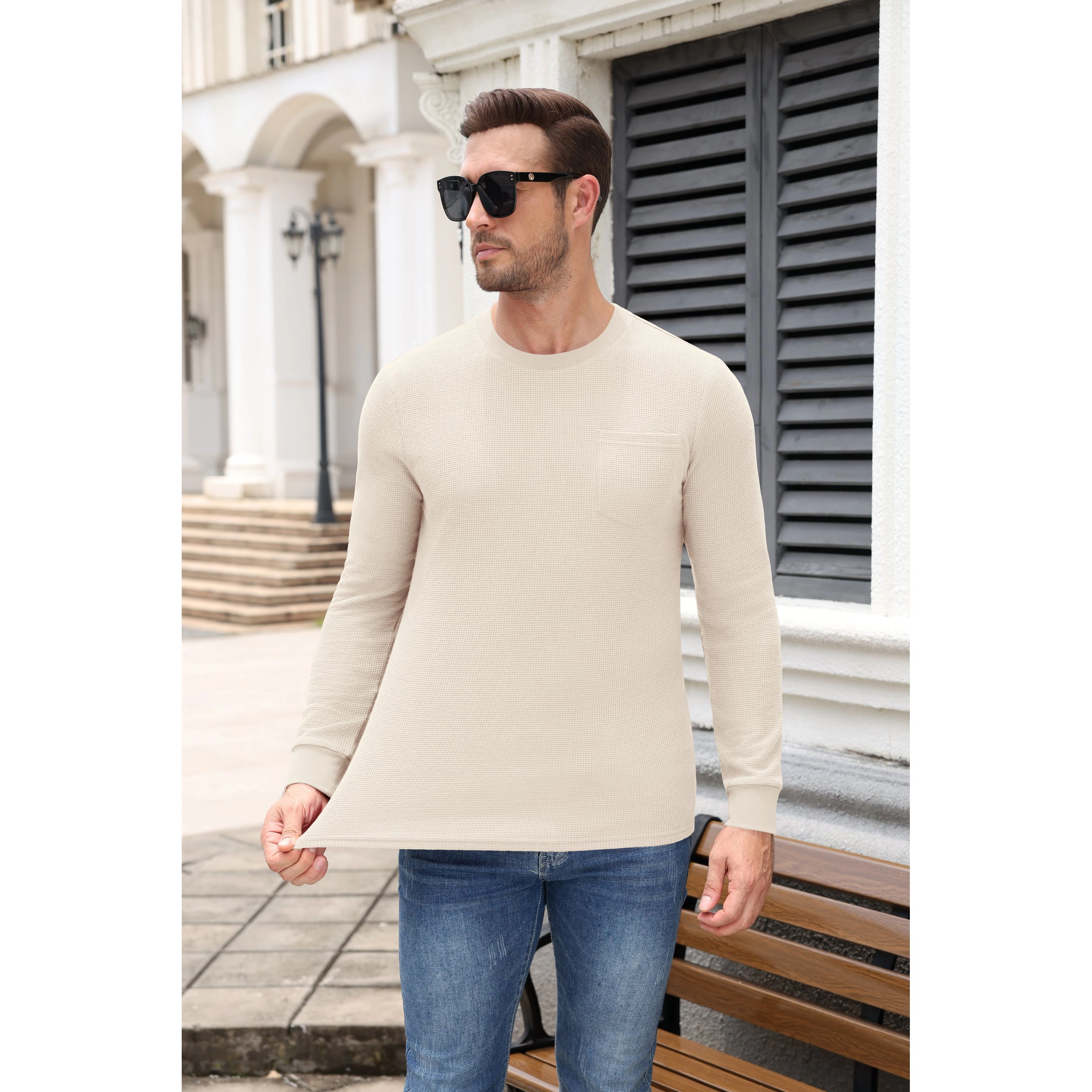 COOFANDY Men's Waffle Knit Crew Neck Long Sleeve T-Shirt with Chest Pocket