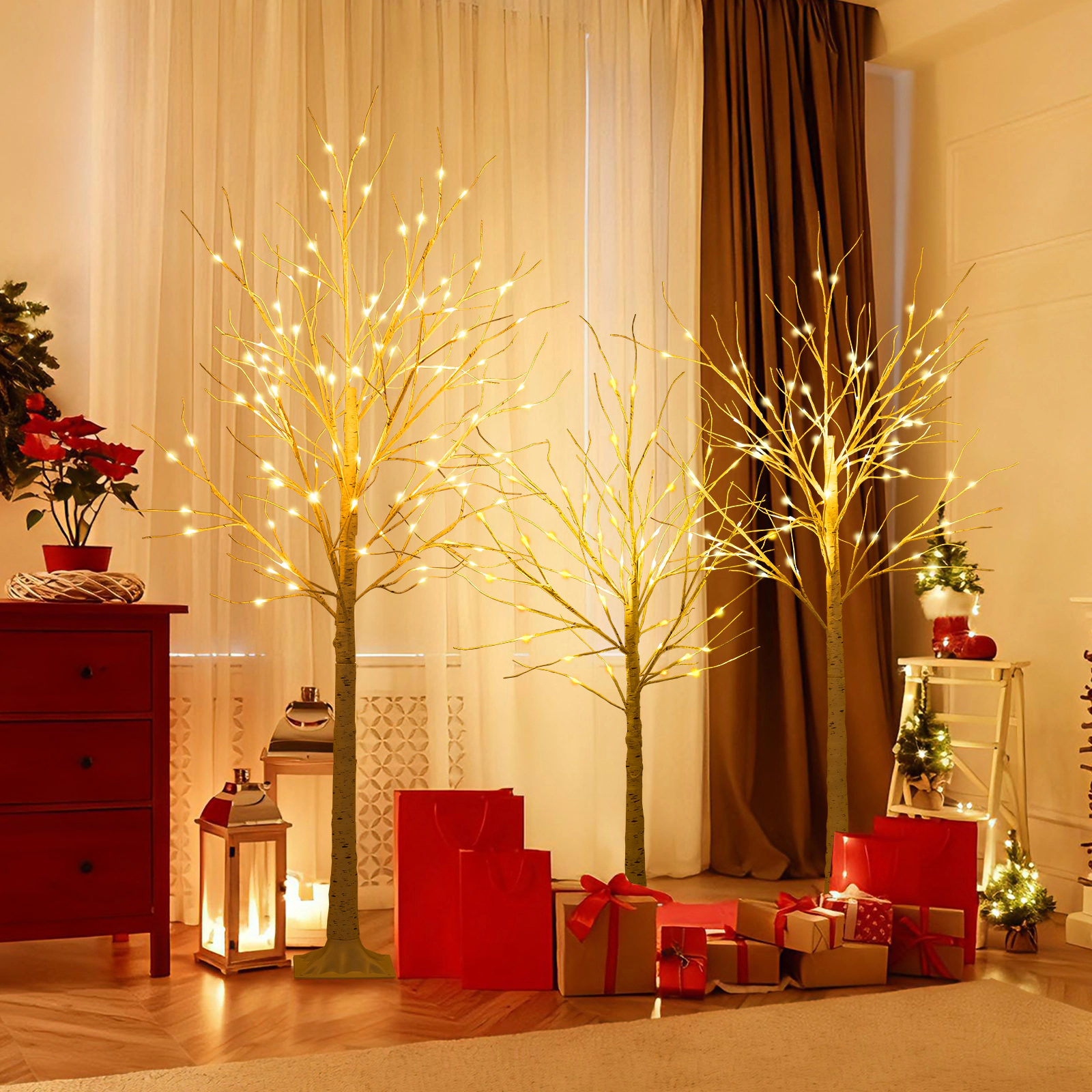 LJG Lighted Birch Tree Set of 3 with 4/5/6 FT Pre-Lit Artificial Christmas Tree for Holiday Party