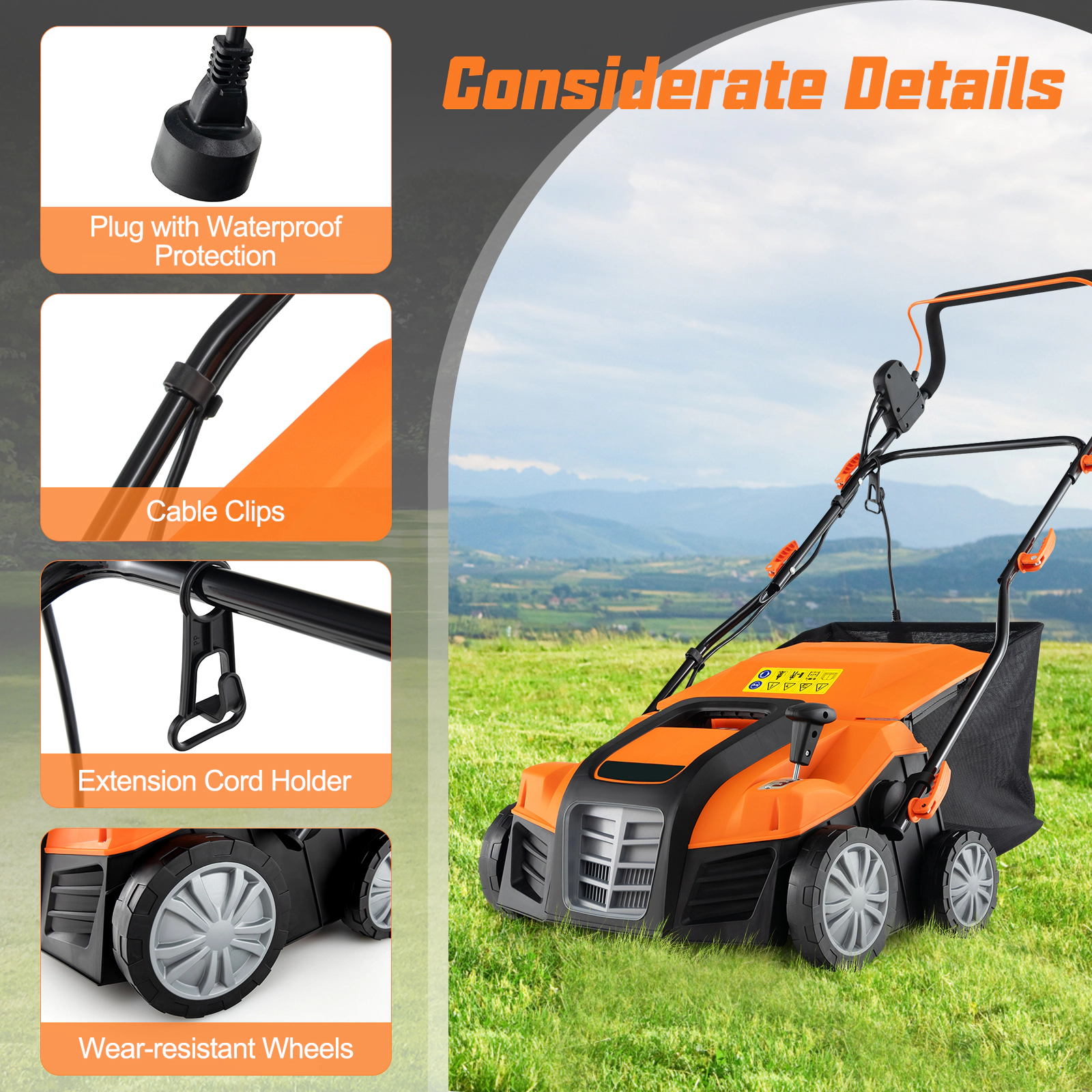 LJG 16-Inch Electric Lawn Dethatcher and Scarifier with Collection Bag