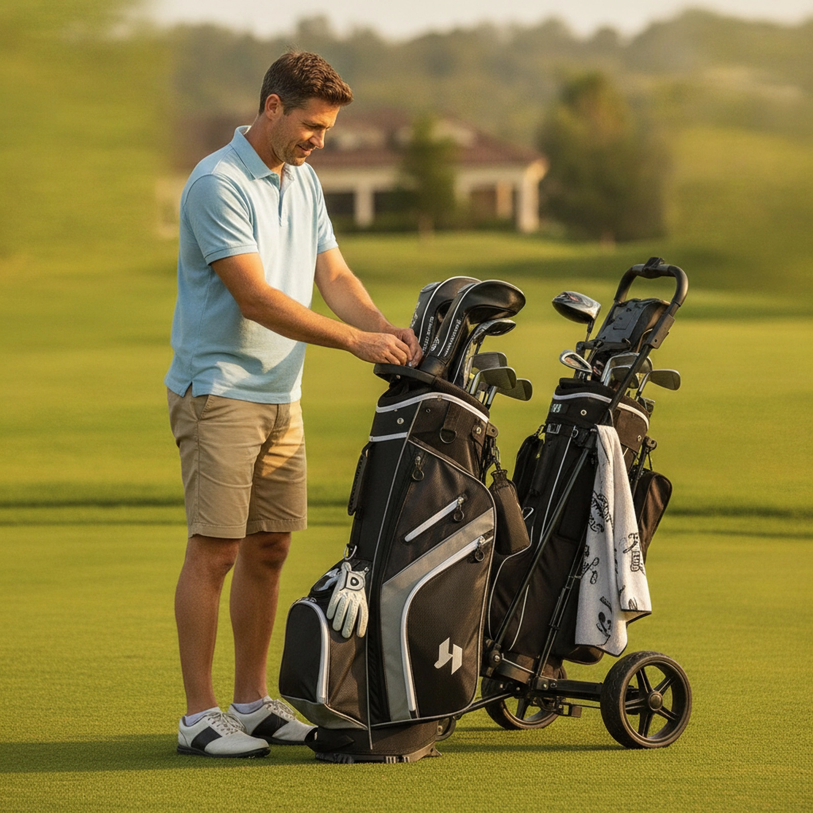 Lightweight Golf Stand Bag 14-Way Top Dividers 6 Zippered Pockets Rain Hood Adjustable Shoulder Strap Gray