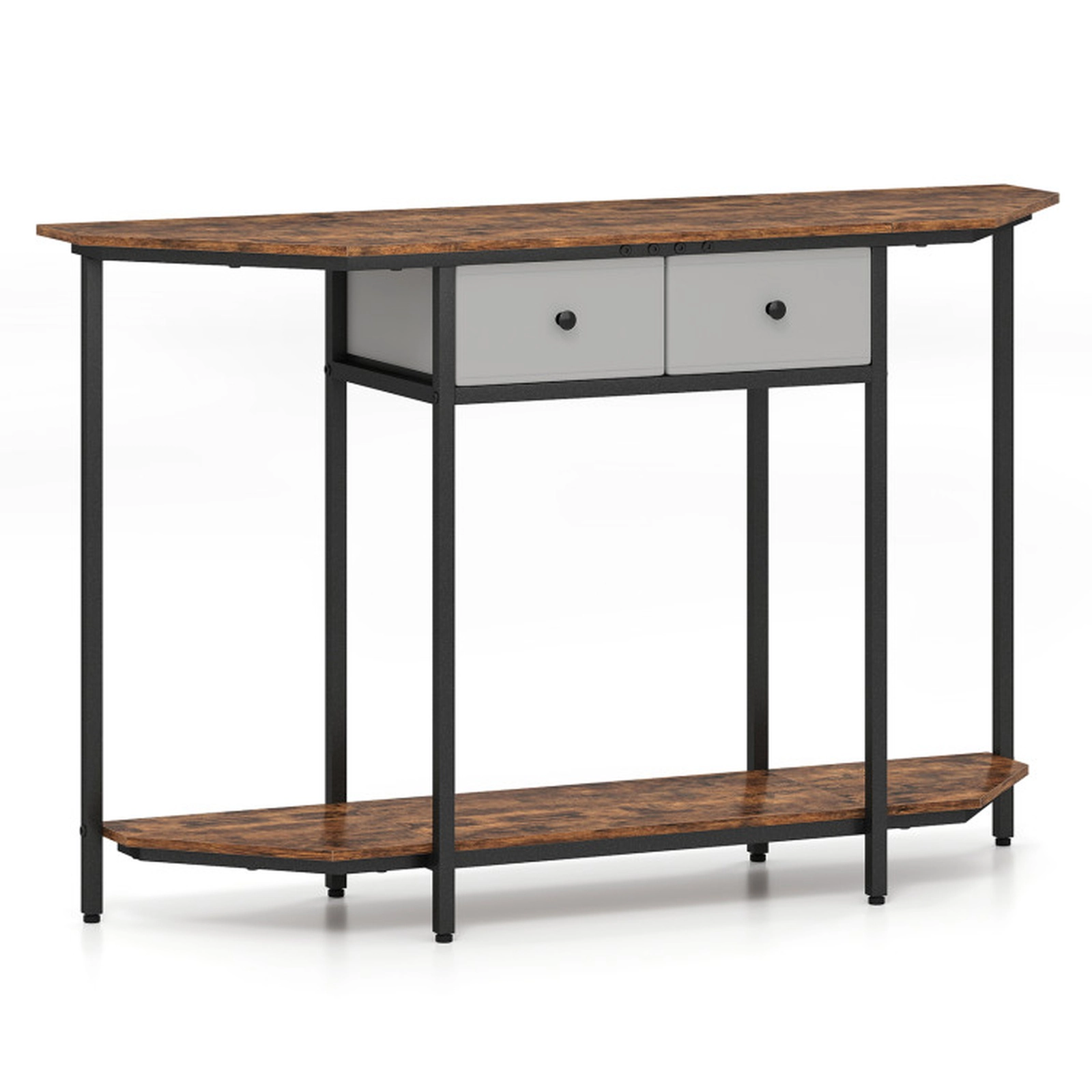 SUGIFT Polygonal Console Table with 2 Drawers and Open Storage Shelf 110-lb Tabletop Capacity Rustic Brown Black Gray