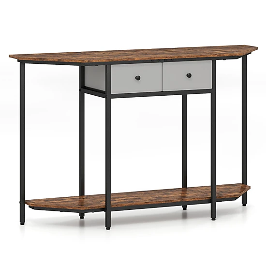 SUGIFT Polygonal Console Table with 2 Drawers and Open Storage Shelf 110-lb Tabletop Capacity Rustic Brown Black Gray