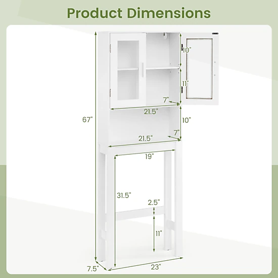 SlickBlue Over The Toilet Bathroom Storage Cabinet with Frosted Glass Doors and Shelf