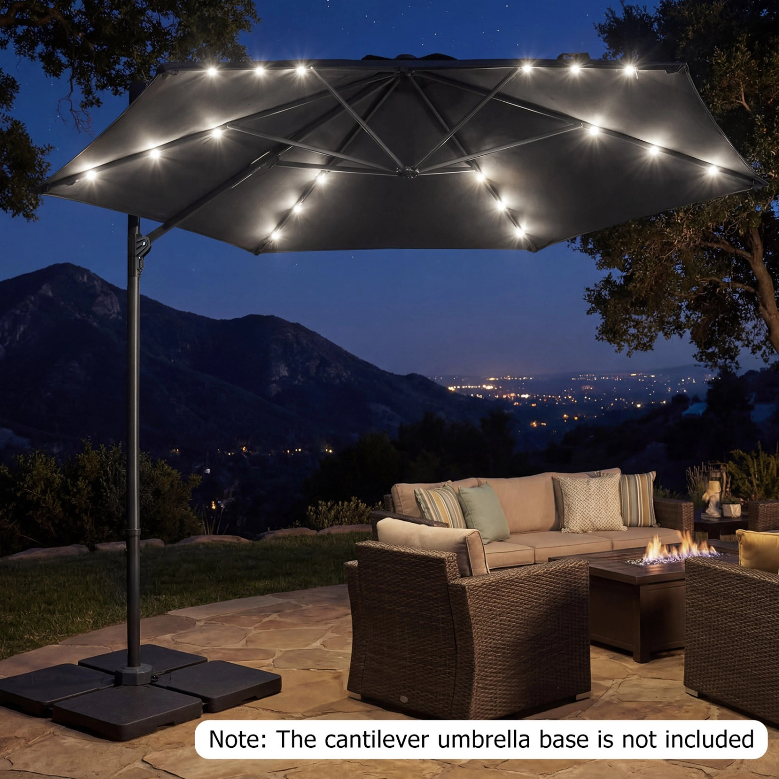 SUGIFT 10 ft Cantilever Patio Umbrella with Solar LED Lights and Foot Pedal Rotation