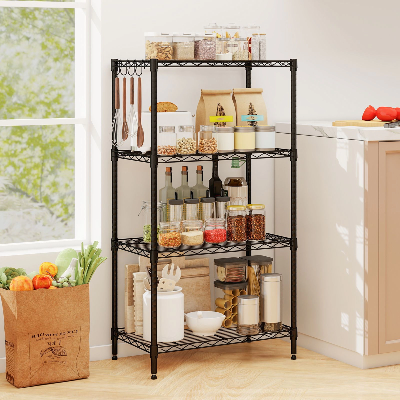 SlickBlue Adjustable Wire Shelf Organizer with Hooks for Multiple Spaces