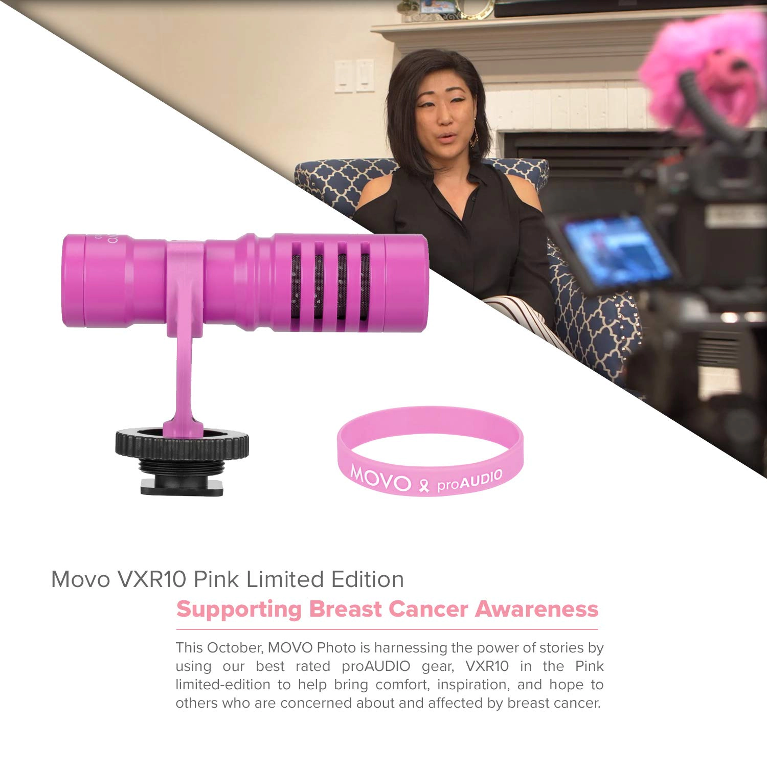 Movo VXR10 Universal Video Microphone for DSLR Cameras and Camcorders (Pink Breast Cancer Awareness Edition)