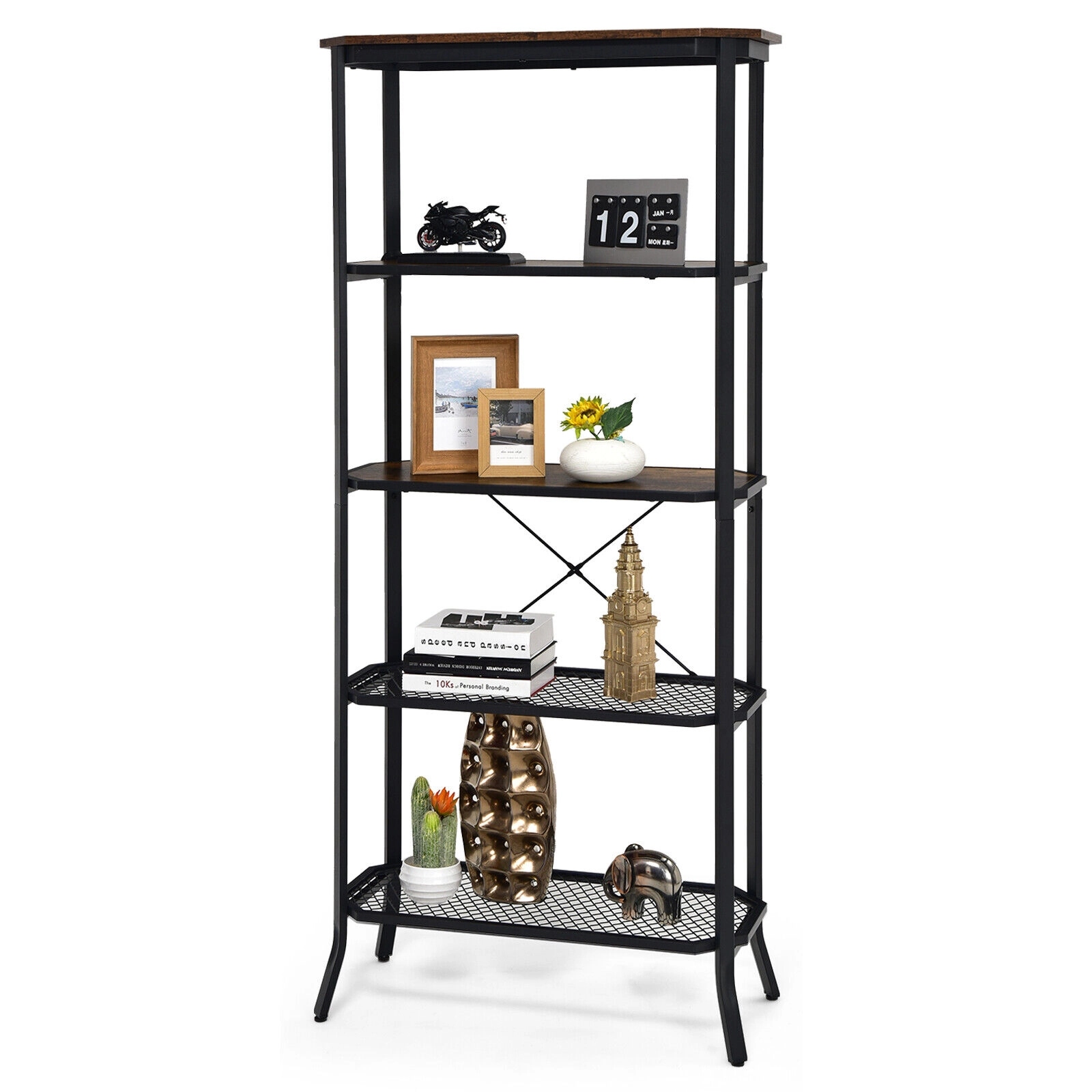 SUGIFT Rustic Brown Industrial 5-Layer Bookshelf 67.5 in with Out-Stretched Legs