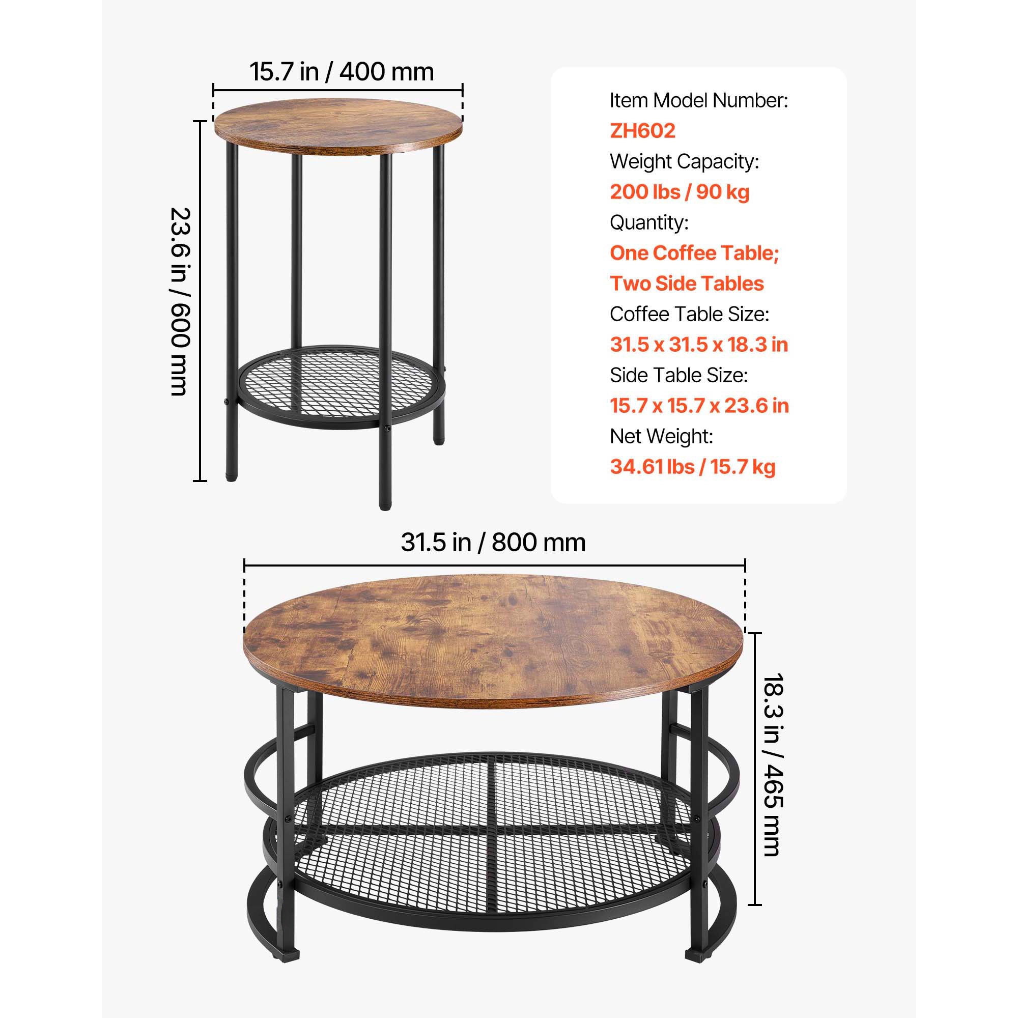 HONGGE 3-Piece Round Coffee Table Set with 2 End Tables, Industrial Wood & Metal Storage Shelf Table Set for Living Room