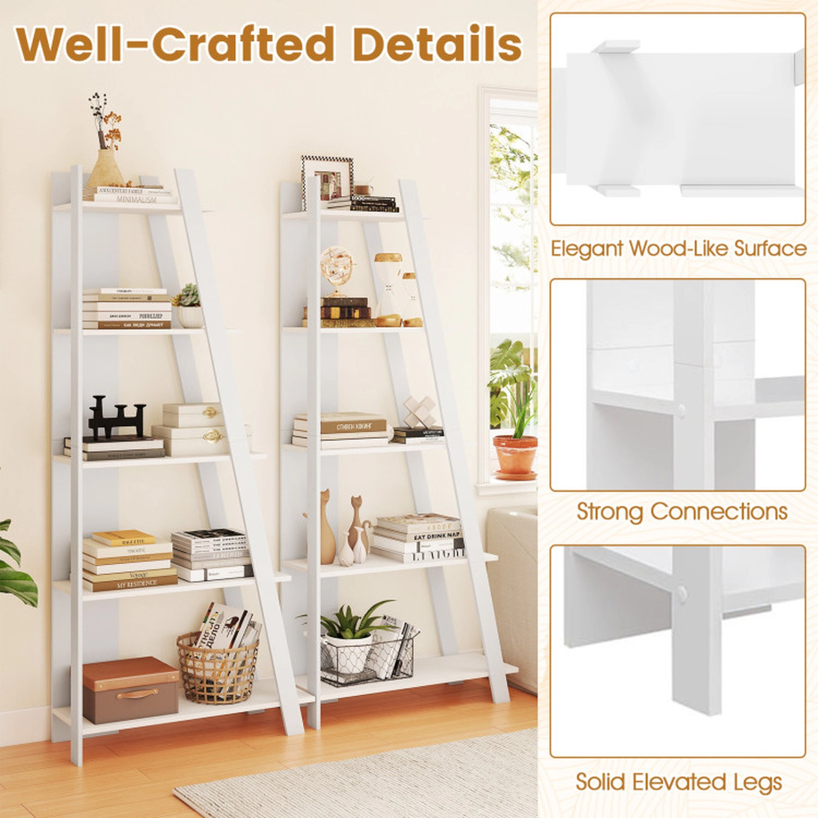 SUGIFT 5-Tier Modern Narrow Bookshelf Vertical Display Shelf 36-in Wide 51-lb Per Shelf 254-lb Total Capacity White