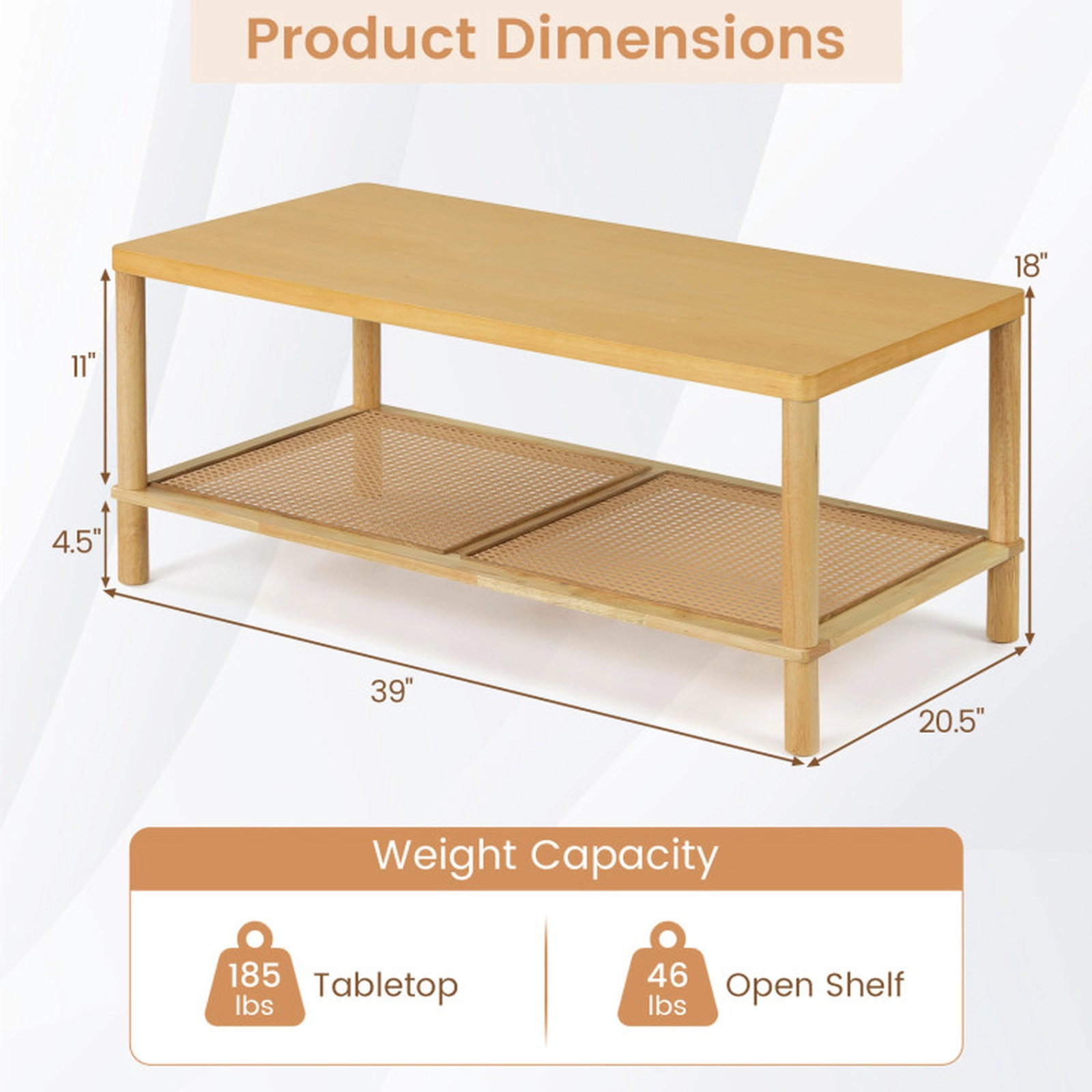 SUGIFT 39-in 185-lb Capacity 2-Tier Boho Rectangular Coffee Table with PVC Rattan Shelf and Rubber Wood Frame