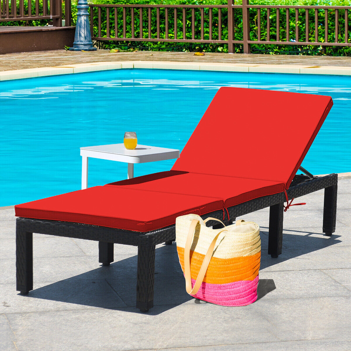 SUGIFT Patio Rattan Cushioned Height Adjustable Lounge Chair 355-Lb Capacity 77-in Long PE Rattan 2-in Cushion Red & Off