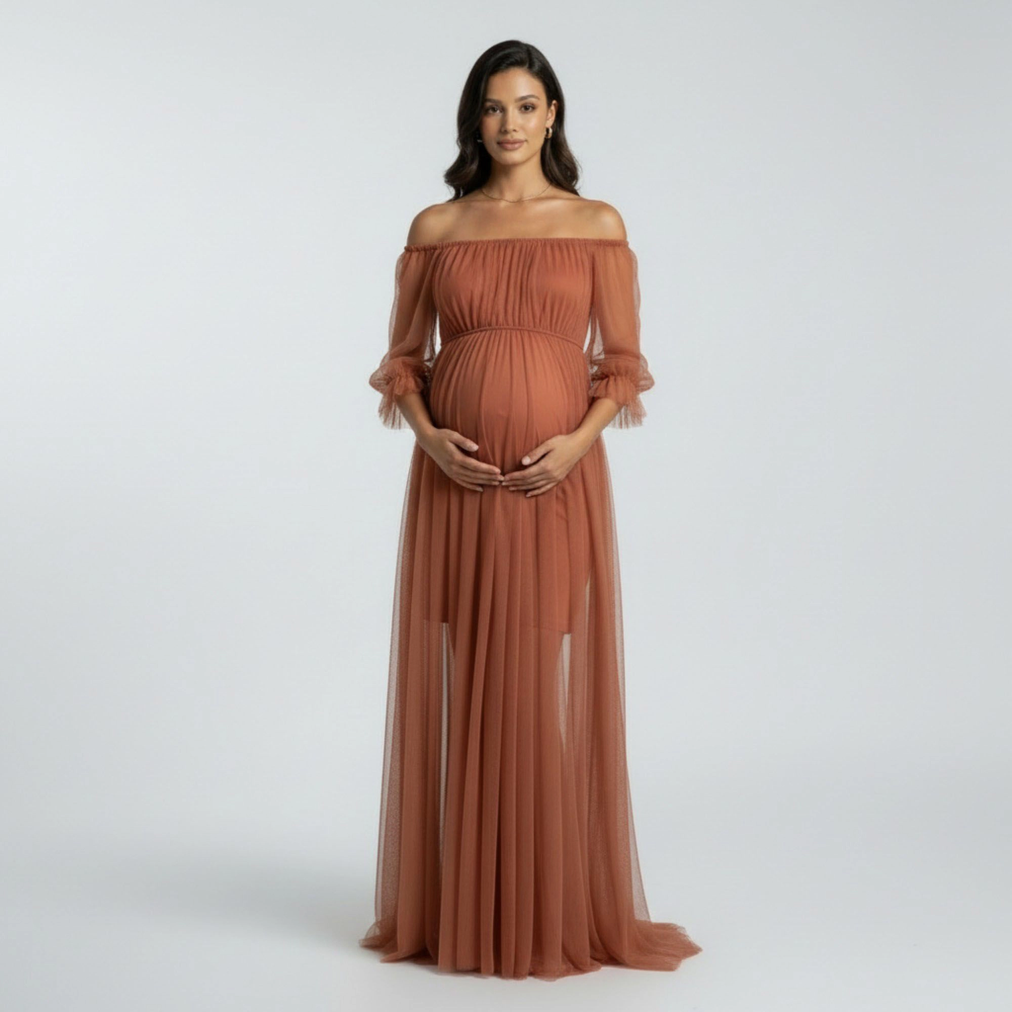 Anna-Kaci Women's Maternity Off Shoulder Mesh Sheer Overlay Empire Waist Flowy Formal Maxi Dress