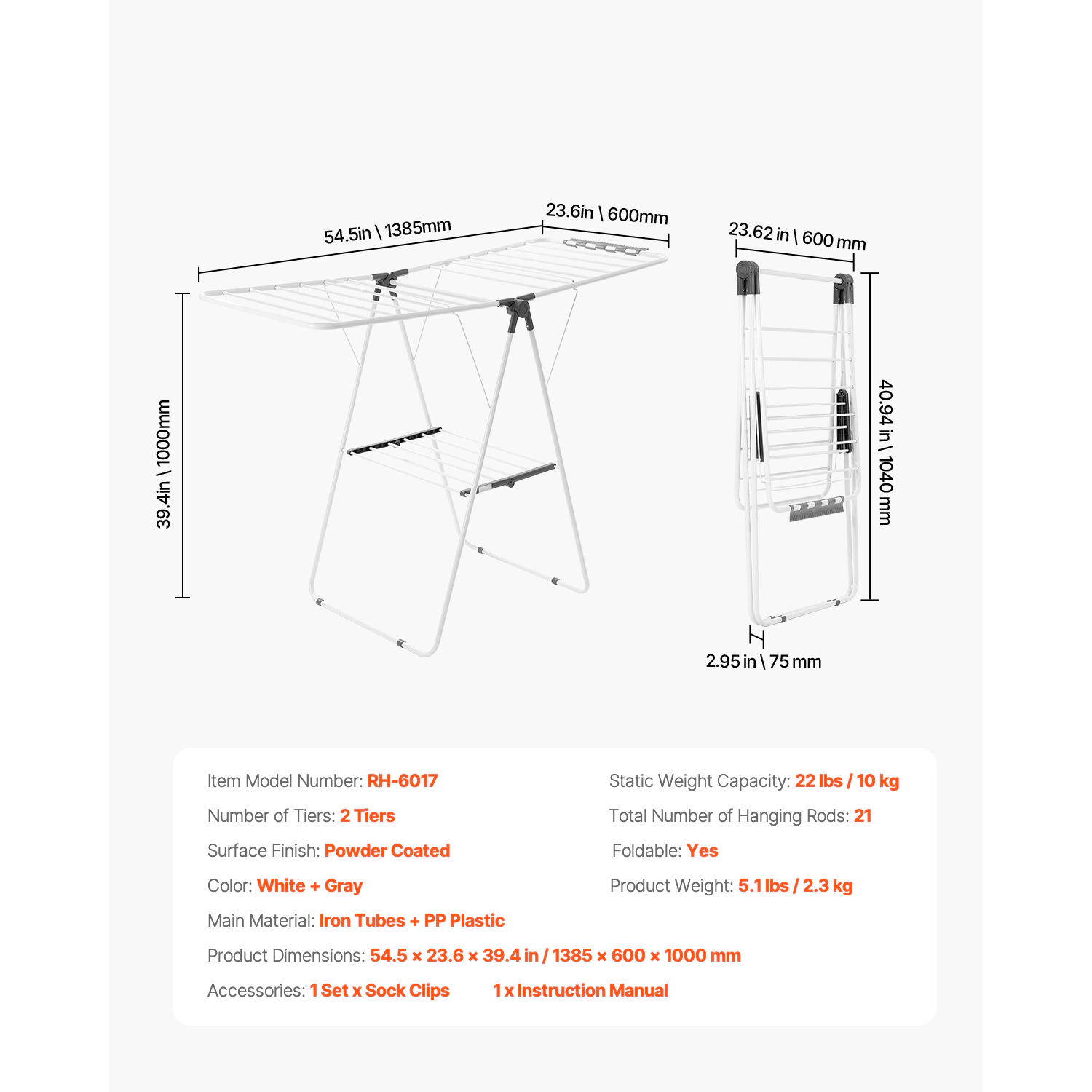 HONGGE 2-Tier Foldable Clothes Drying Rack with Sock Clips & Rods