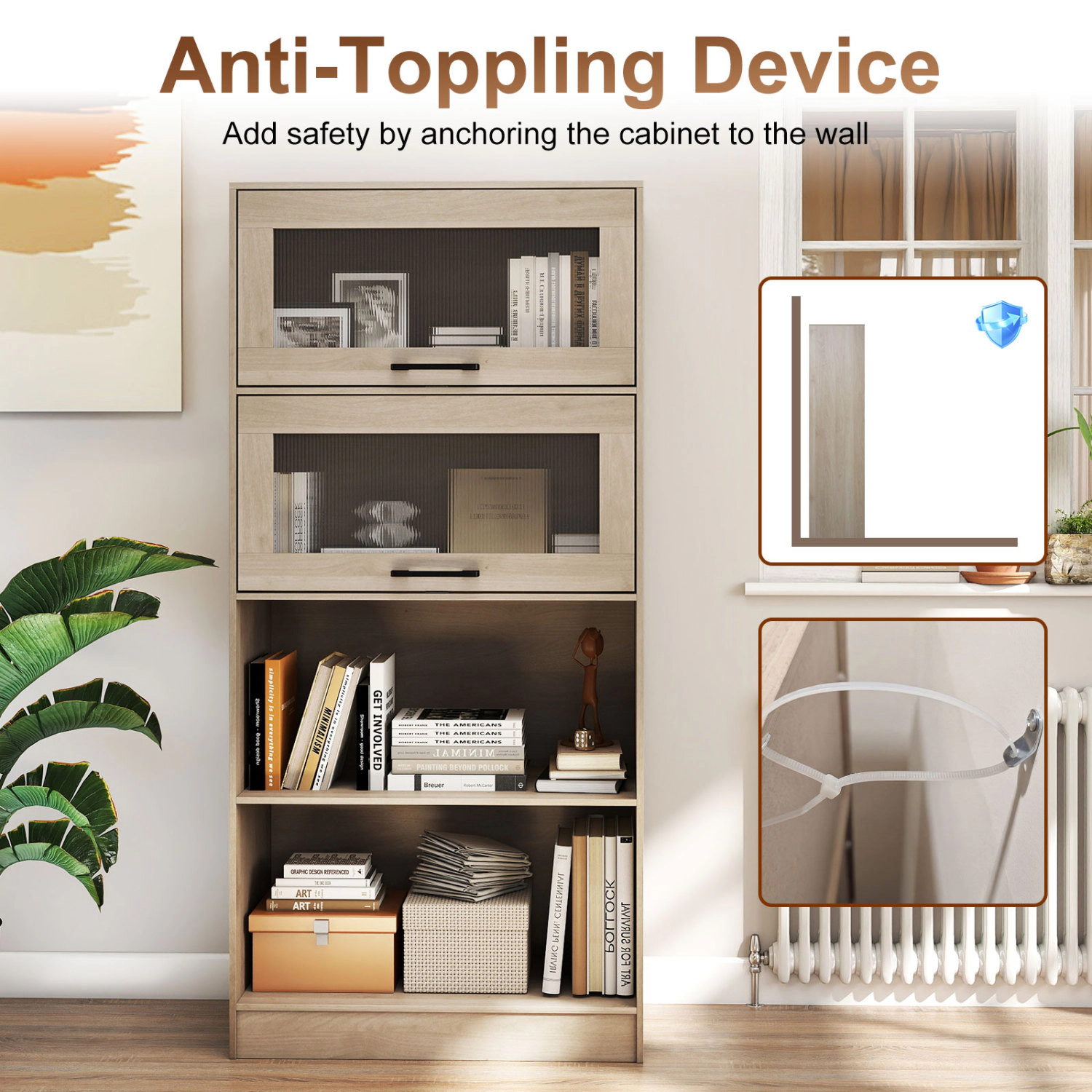 Hivvago 4-Tier Bookshelf with Storage Cabinets and Open Compartments