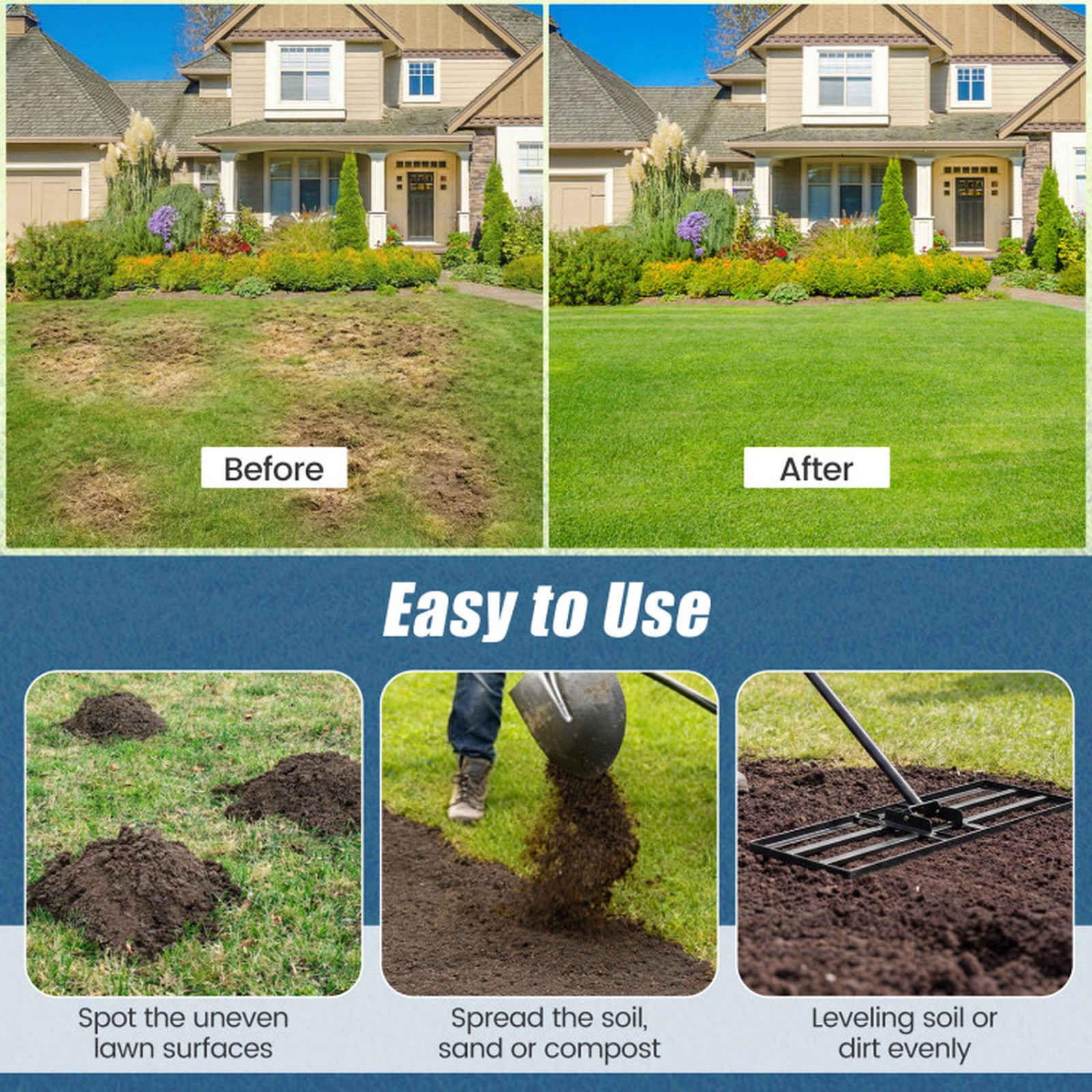 SUGIFT Heavy Duty Lawn Level Tool Lawn Leveling Rake with 69-in Handle 30 x 10-in Plate Green Black Silver