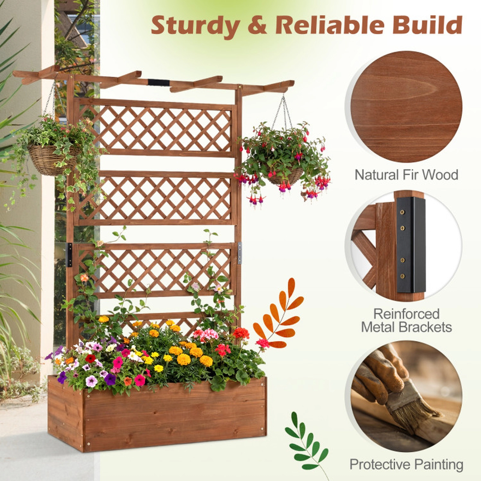 SUGIFT Wooden Planter Box with Lattice Trellis Raised Garden Bed Privacy Screen 130-lb Capacity 38-in Wide Brown/Orange