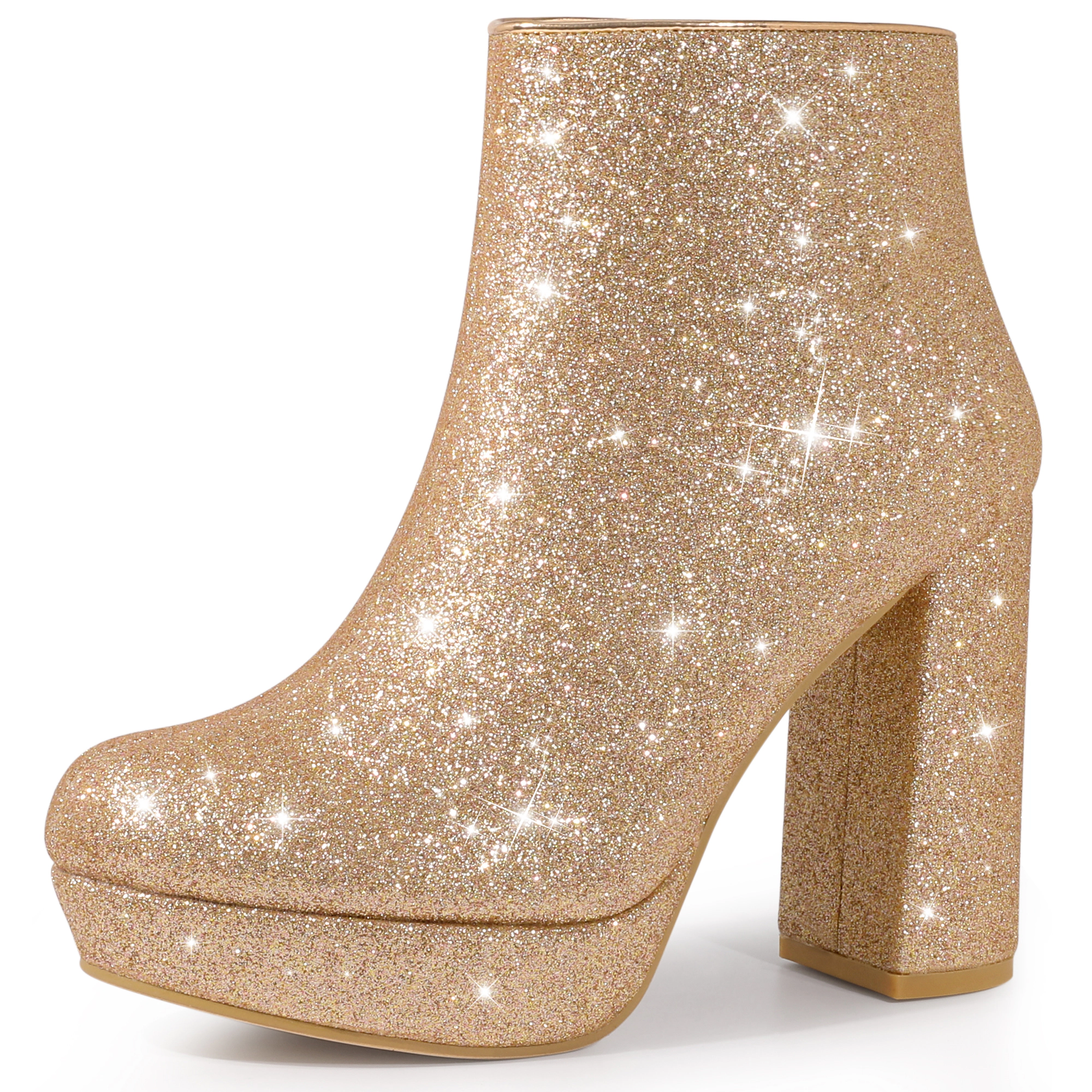 BLISSFUL STEP Women Glitter Platform Round Toe Chunky Heel Ankle Boots Side Zip