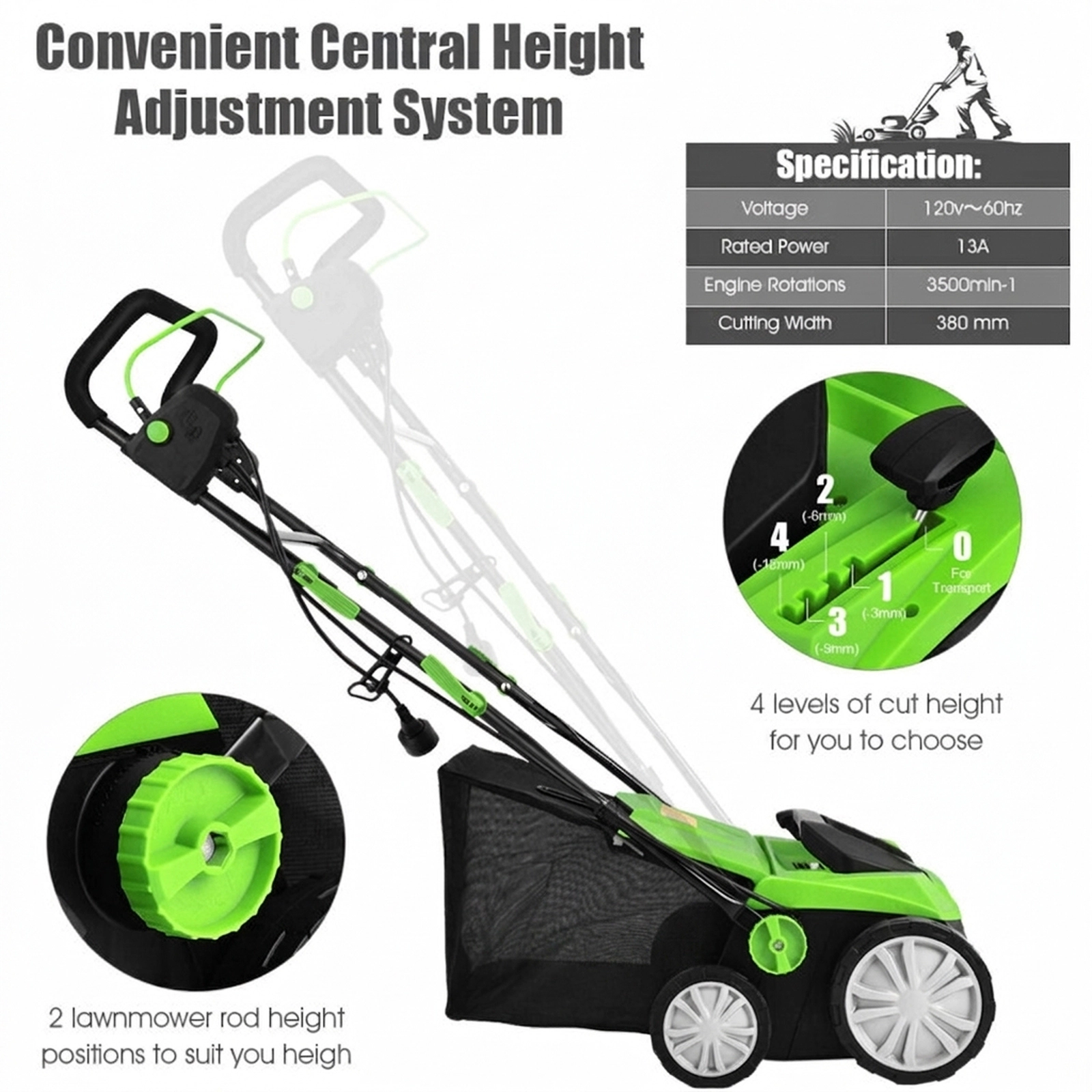SUGIFT 4-Position Adjustable 15-in 13 Amp Electric Scarifier with 50L Collection Bag and Removable Blades Green/Orange
