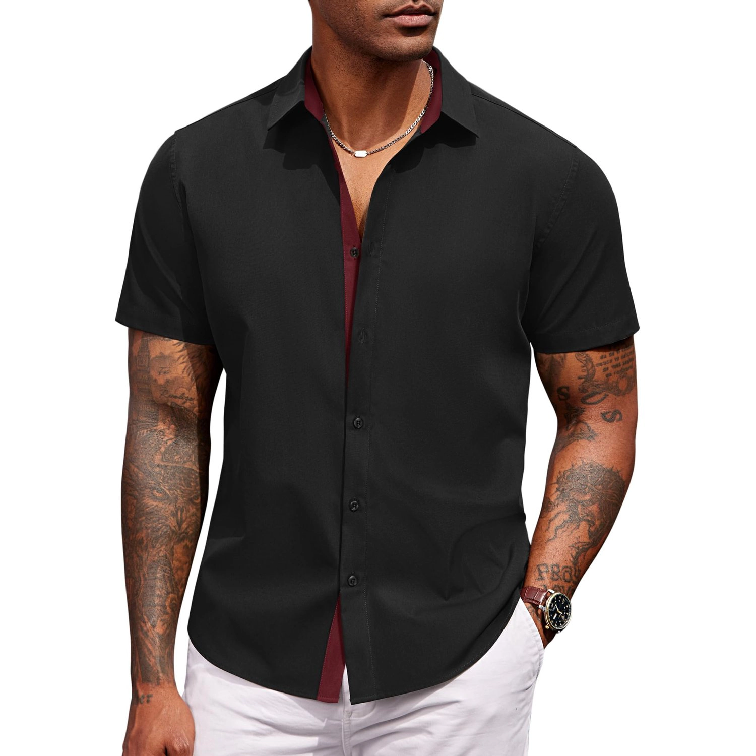 COOFANDY Mens Short Sleeve Button Down Shirts Contrast Collar Casual  Tops