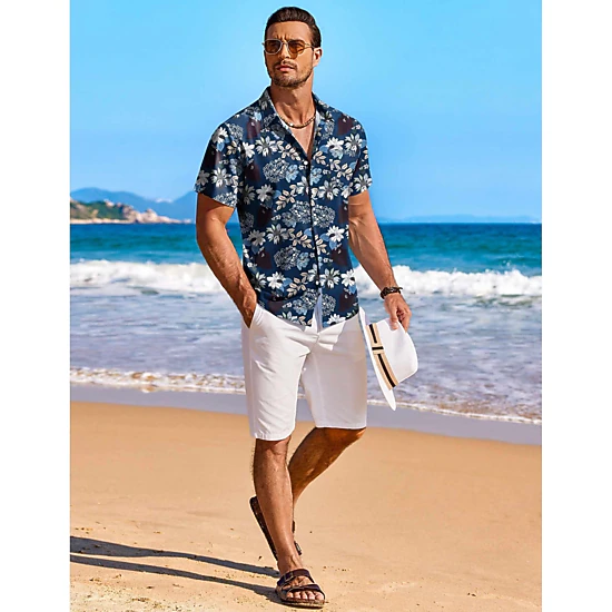 COOFANDY Mens Hawaiian Shirts Short Sleeve Tropical Print Button Down Casual Tops
