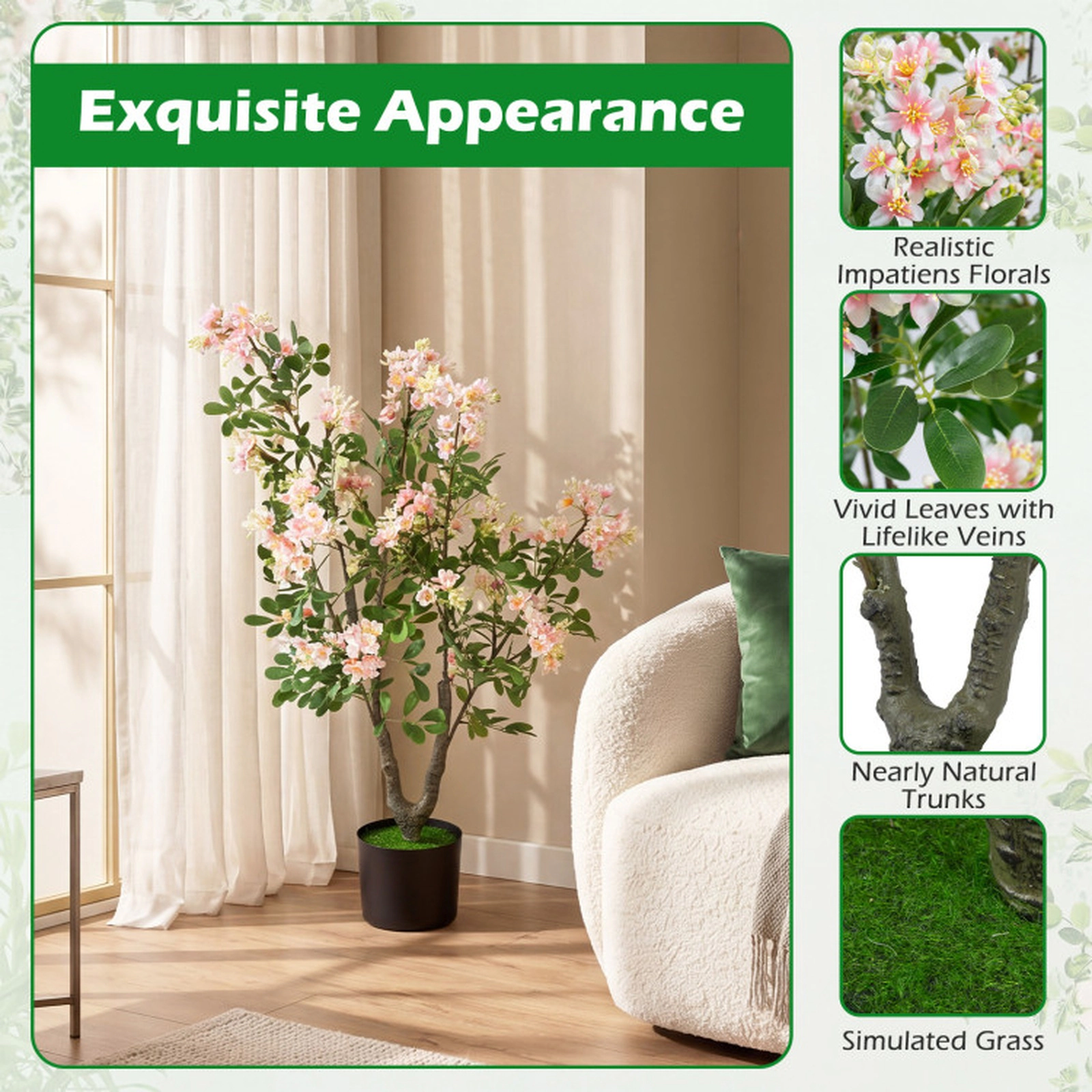 SUGIFT Set of 2 36-in Artificial Impatiens Trees with 210 Silk Flowers Mini Fruits and Cement Base Pink