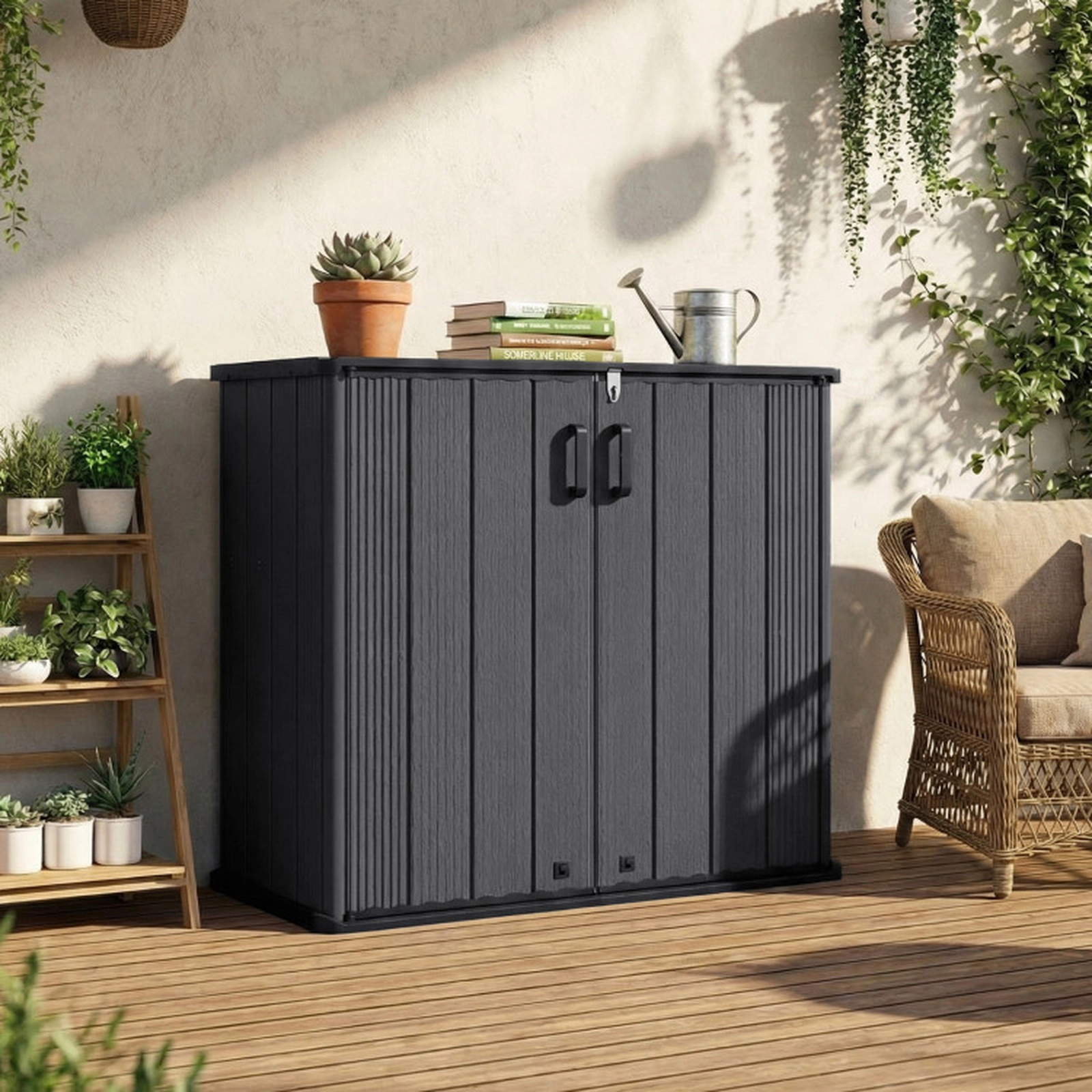 SUGIFT 23.5-Cu-Ft Lockable Built-In Floor HDPE All-Weather Outdoor Storage Box 47-in x 25.5-in x 46-in 330-lb Black