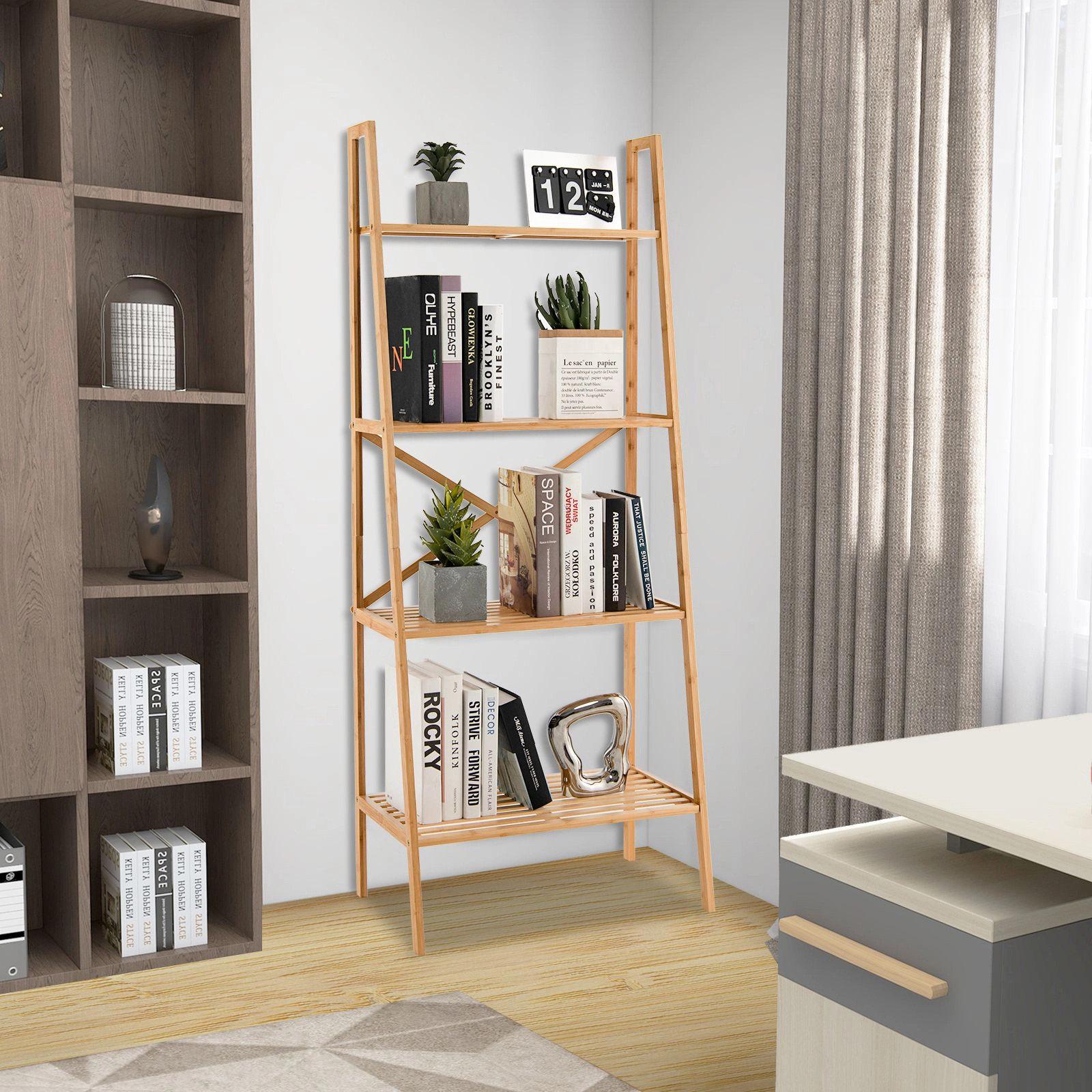 SlickBlue 4-Tier Ladder Shelf, Wicker Plant Stand and Bookcase
