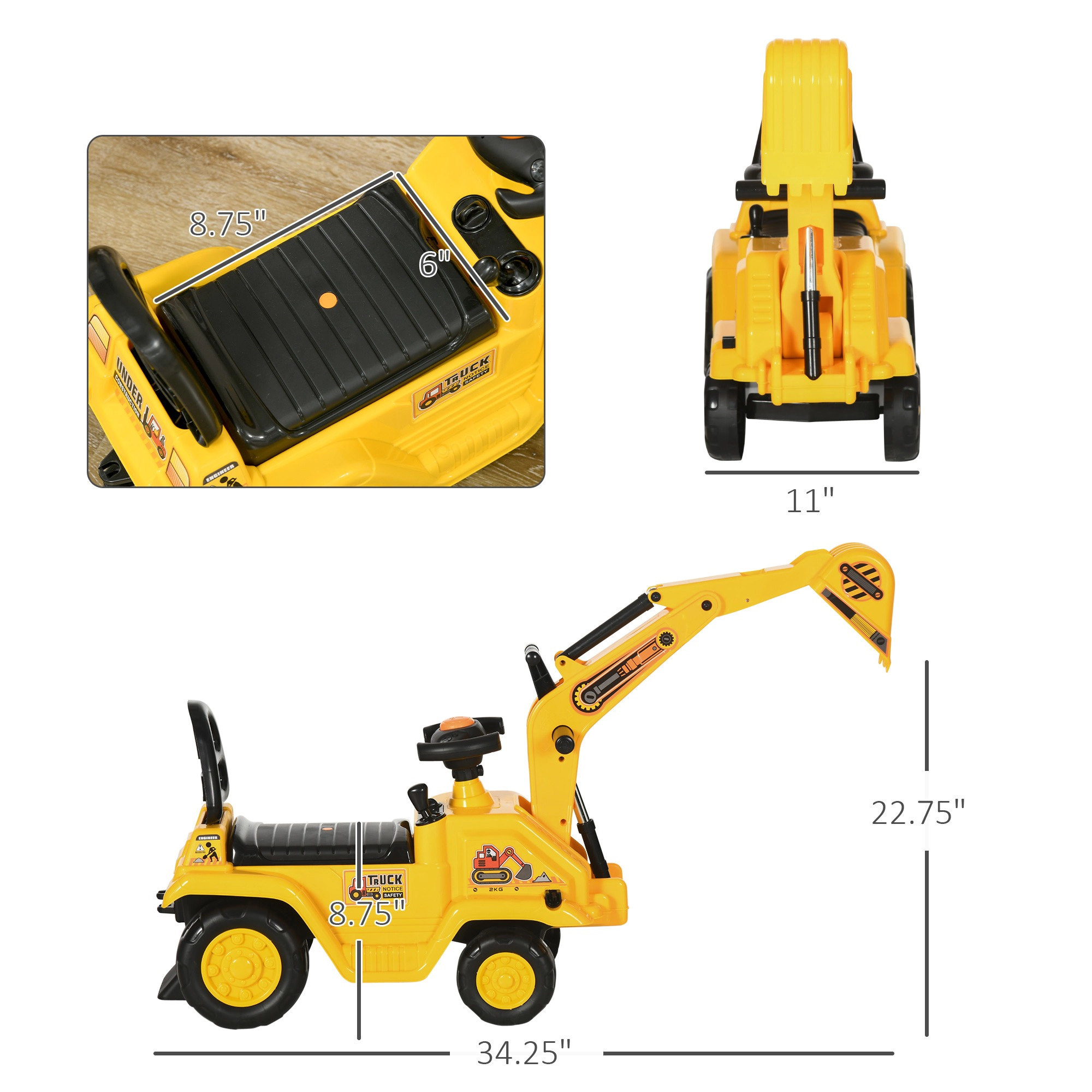 HONGGE 2-in-1 Ride-On Digger Toy with Pull Cart, Front Loader Bucket & Under-Seat Storage, Ages 18-48 Months