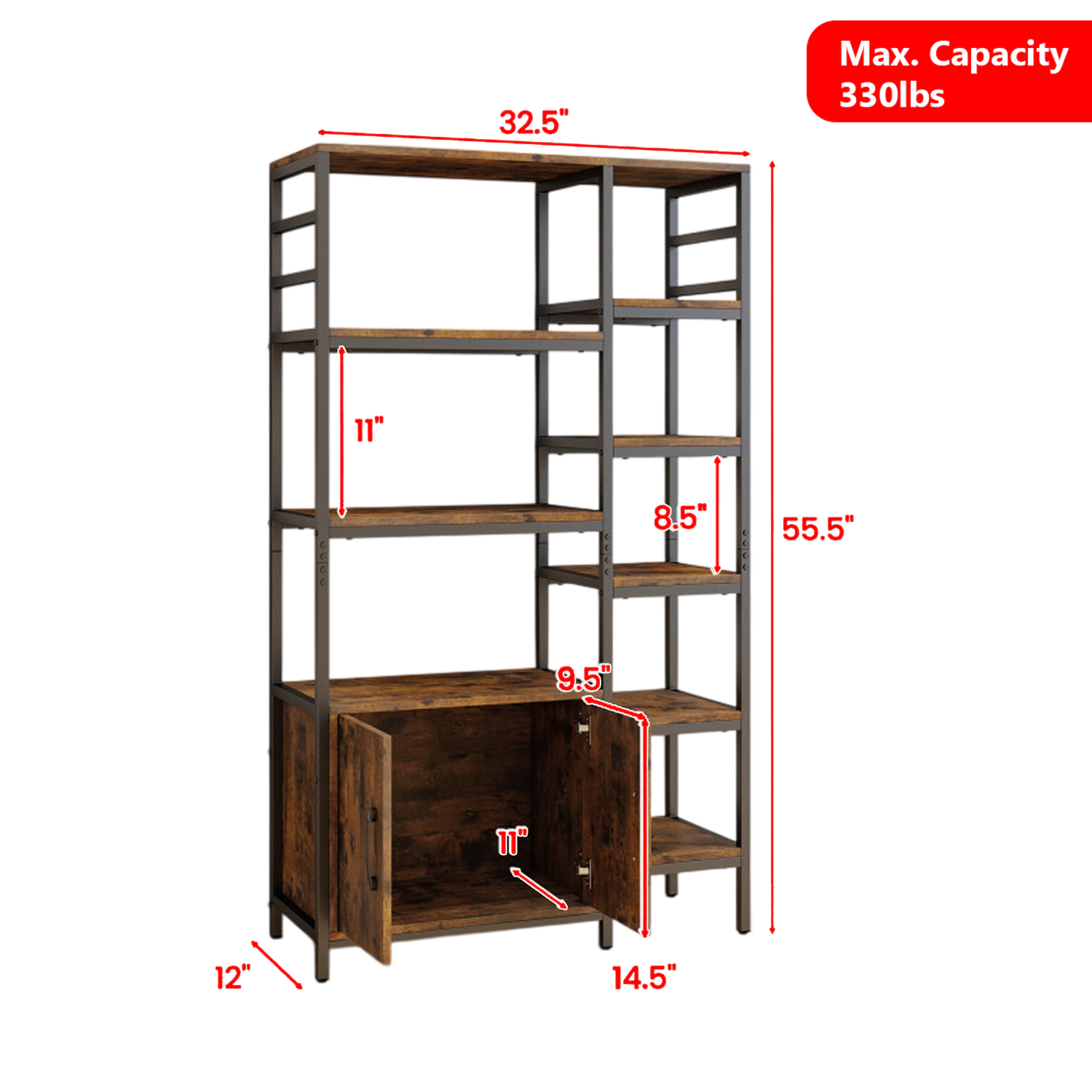 Hivvago 8-Tier Display Bookcase with Enclosed Double-Door Storage
