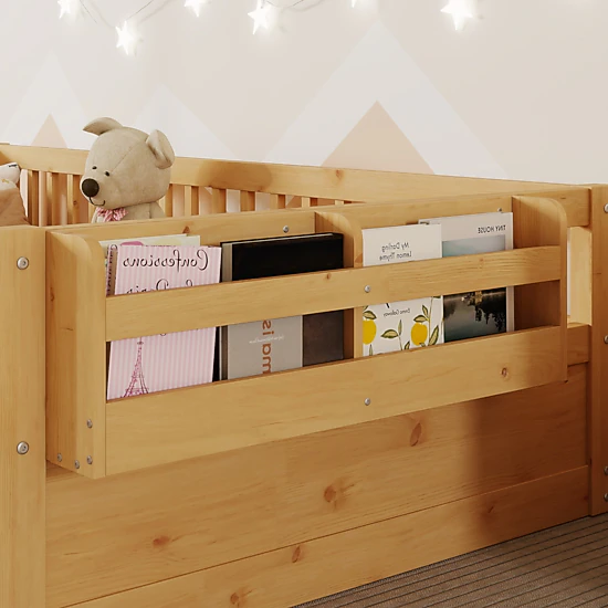 Flynama Twin Montessori Floor Bed with High Rails, Light & Storage Shelf, Natural