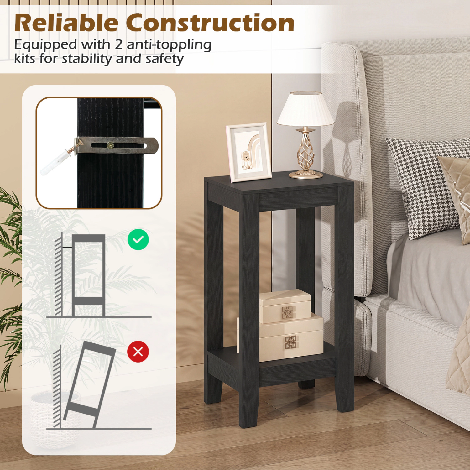 Glintex Tall 2-Tier Wood End Table with Open Storage Shelf and Solid Legs