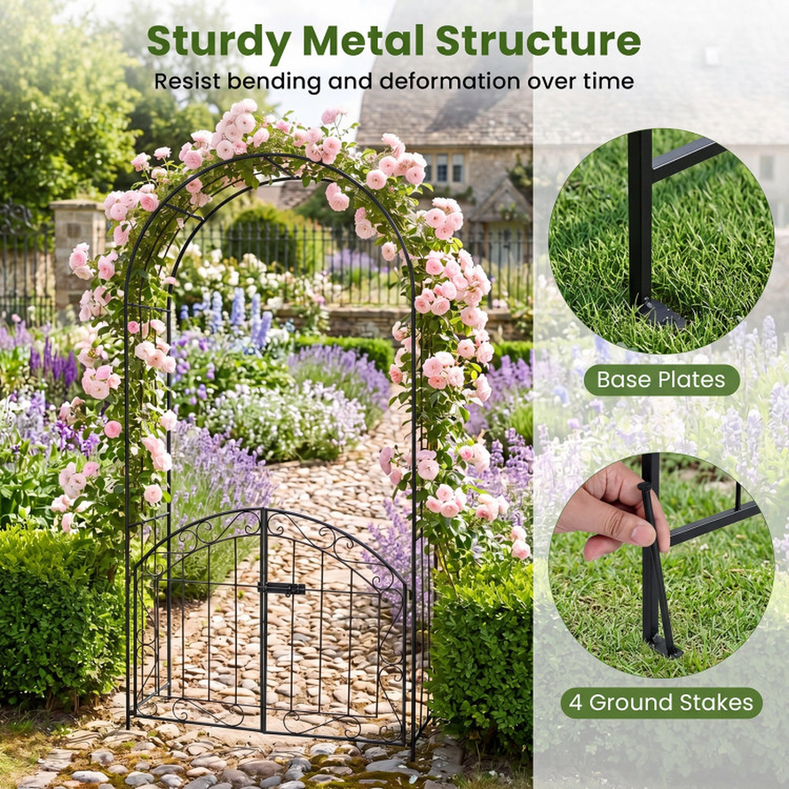 SUGIFT Heavy-Duty Garden Arch with Lockable Gate and Trellis 79-in Tall for Climbing Roses and Vines Black/Bronze