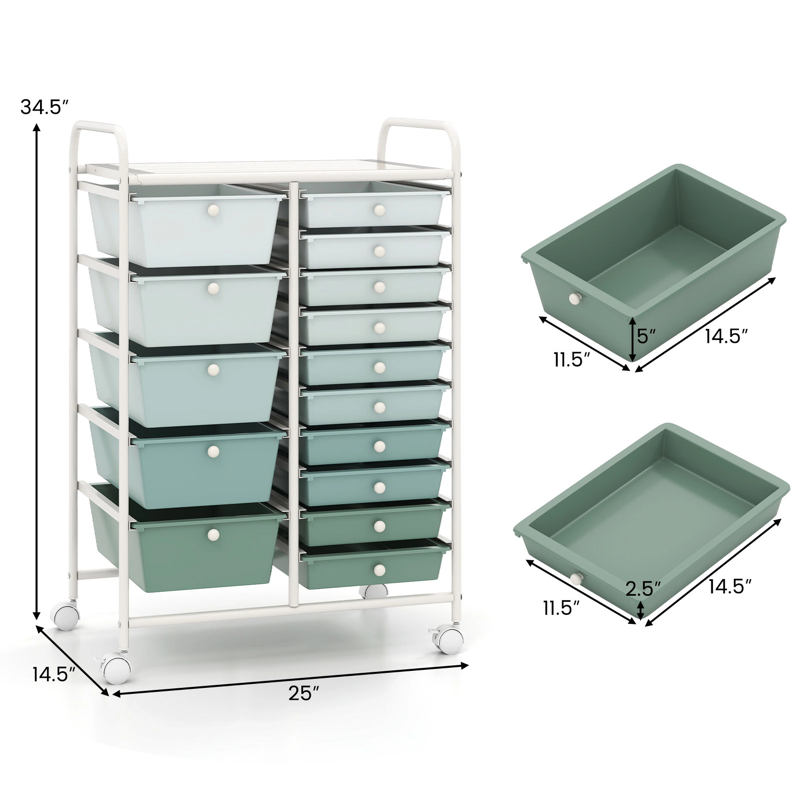 SUGIFT 15-Drawer Rolling Utility Storage Cart with Plastic Drawers 22-lb Top Capacity Lime Green