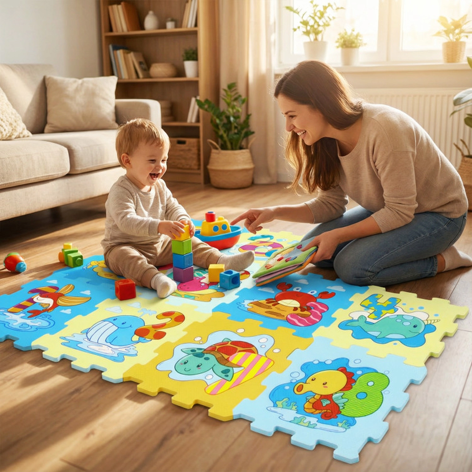SUGIFT 8-Piece 12-in Educational Interlocking EVA Foam Baby Play Mat with Removable Animals and Numbers