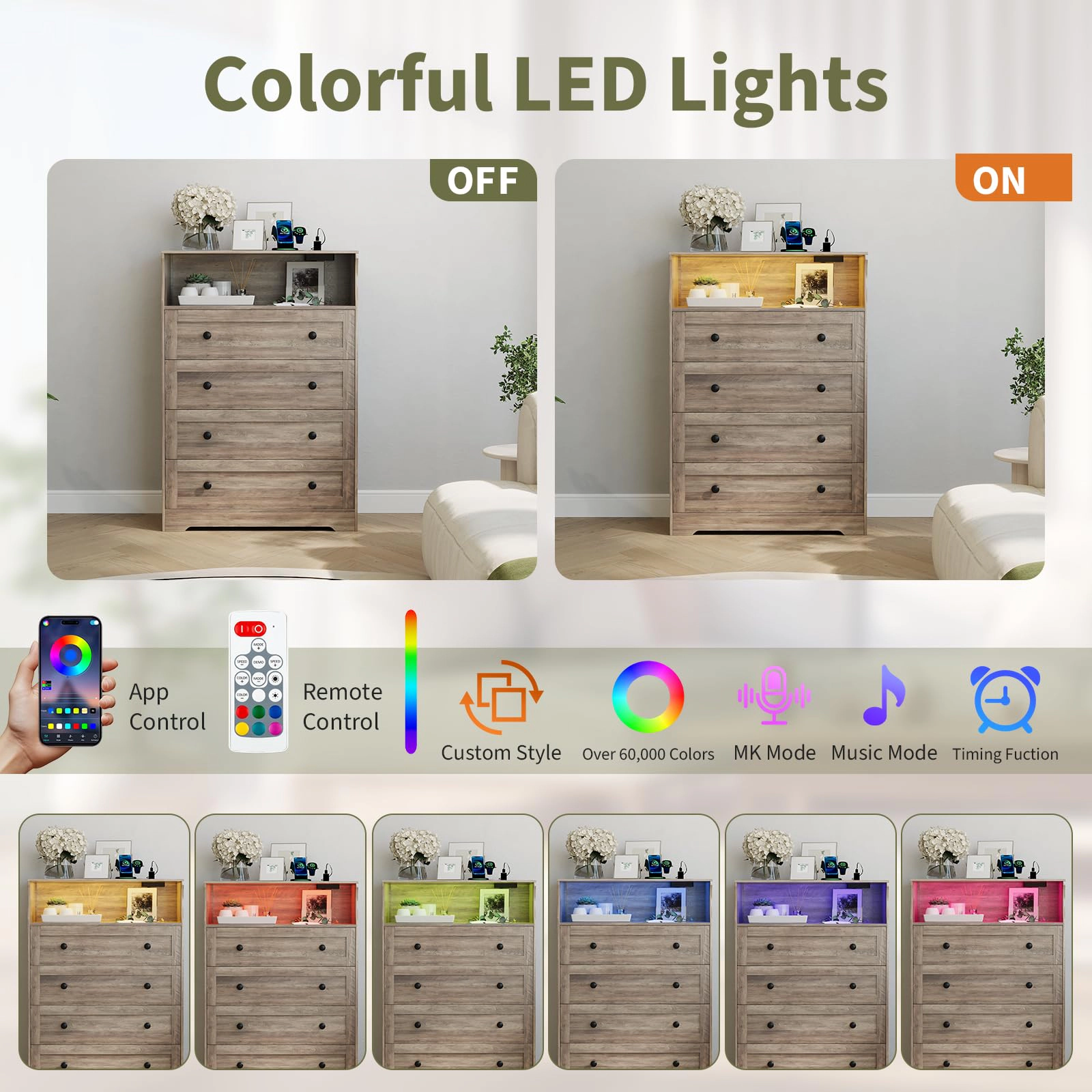 45.2" Tall 4 Drawer Dresser with LED Shelf & Charging Station, Wood Storage Chest