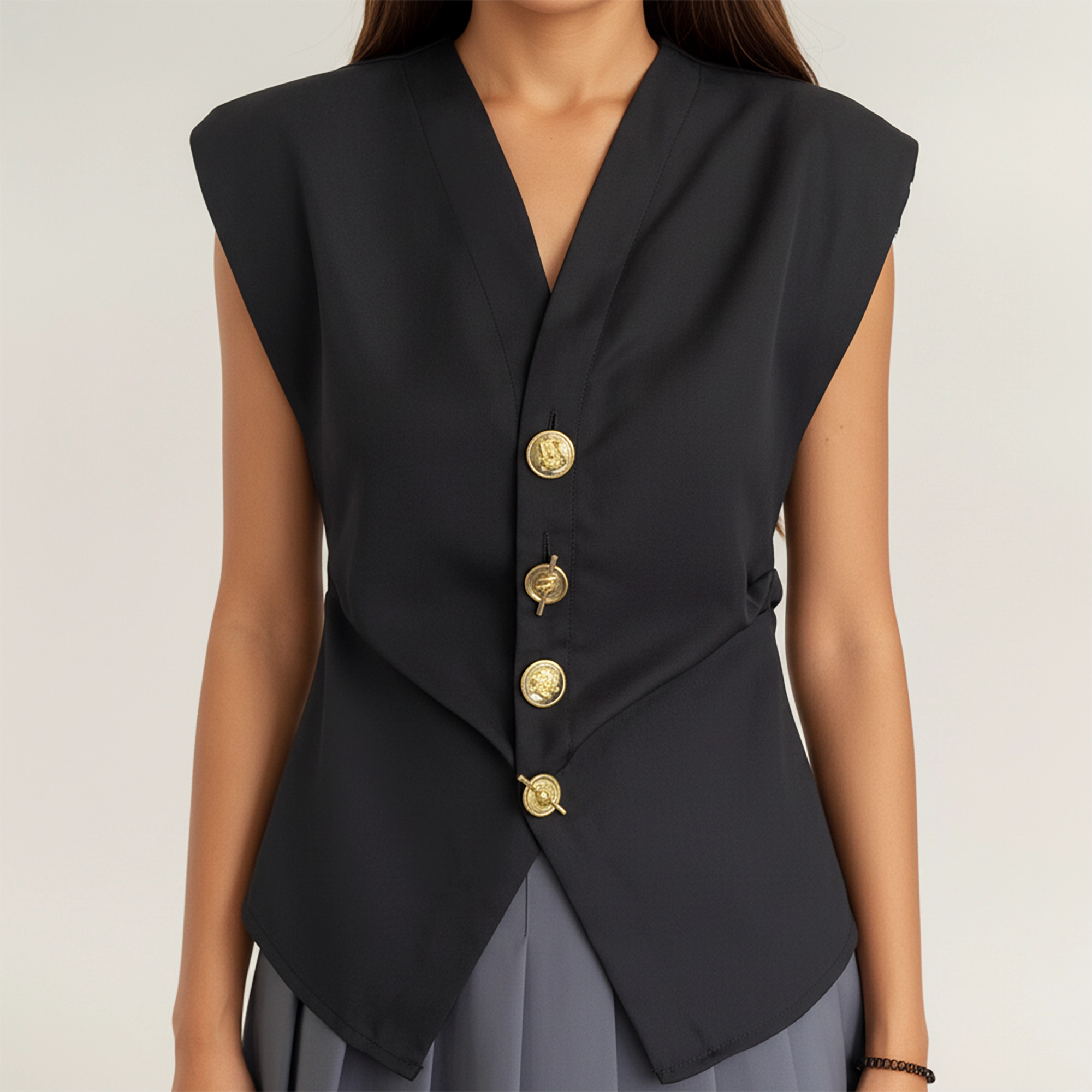 Anna-Kaci Women's Sleeveless Tailored Vest with V Neckline and Decorative Button Front