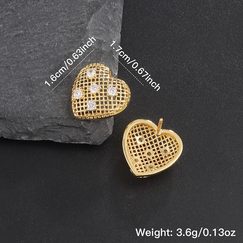 Mesh Heart Cubic Zirconia Stud Earrings Gold Plated Colorful Rainbow CZ Hollow Earring