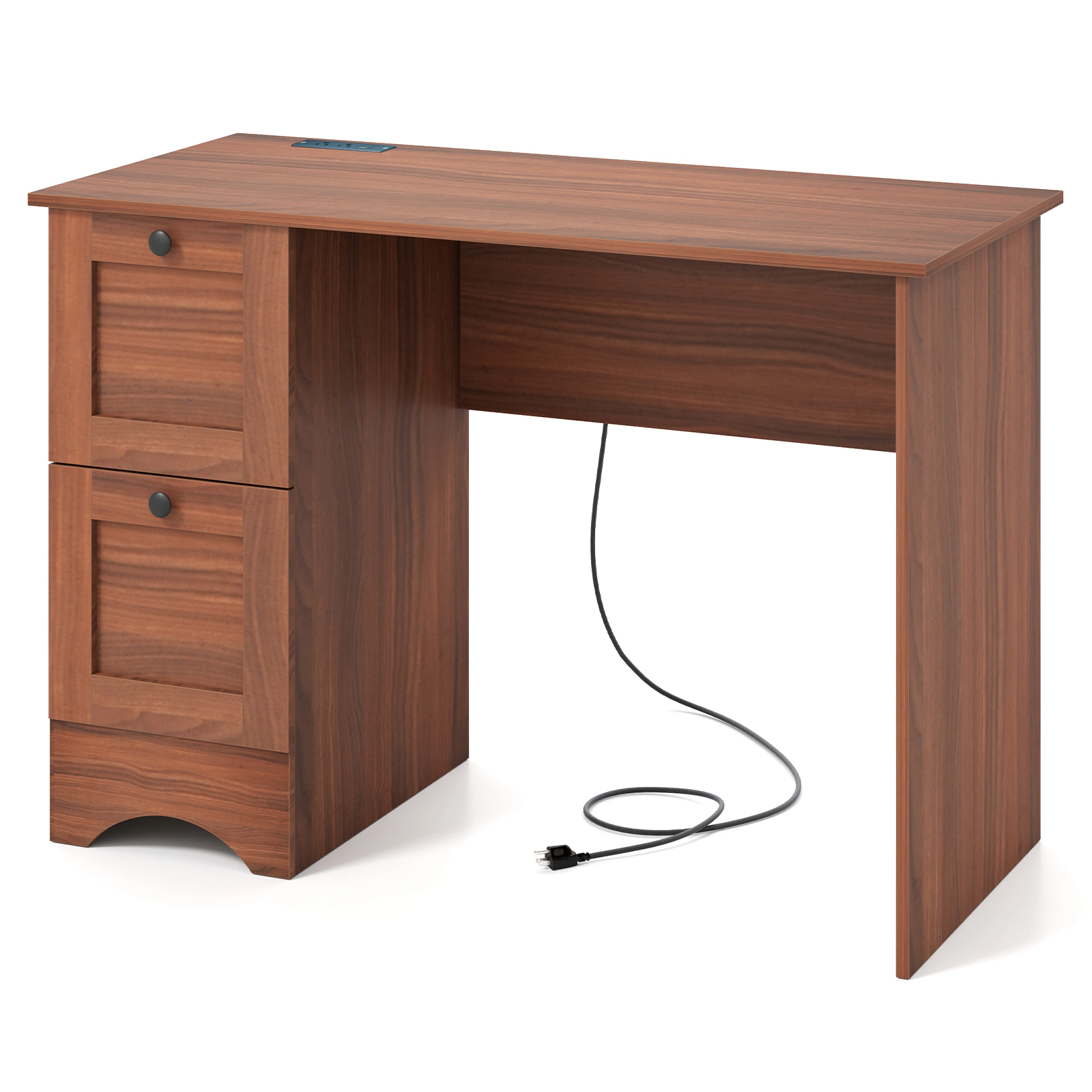 SUGIFT 43-Inch Walnut Vintage Computer Writing Desk with 2 Drawers and Built-In Power Outlets