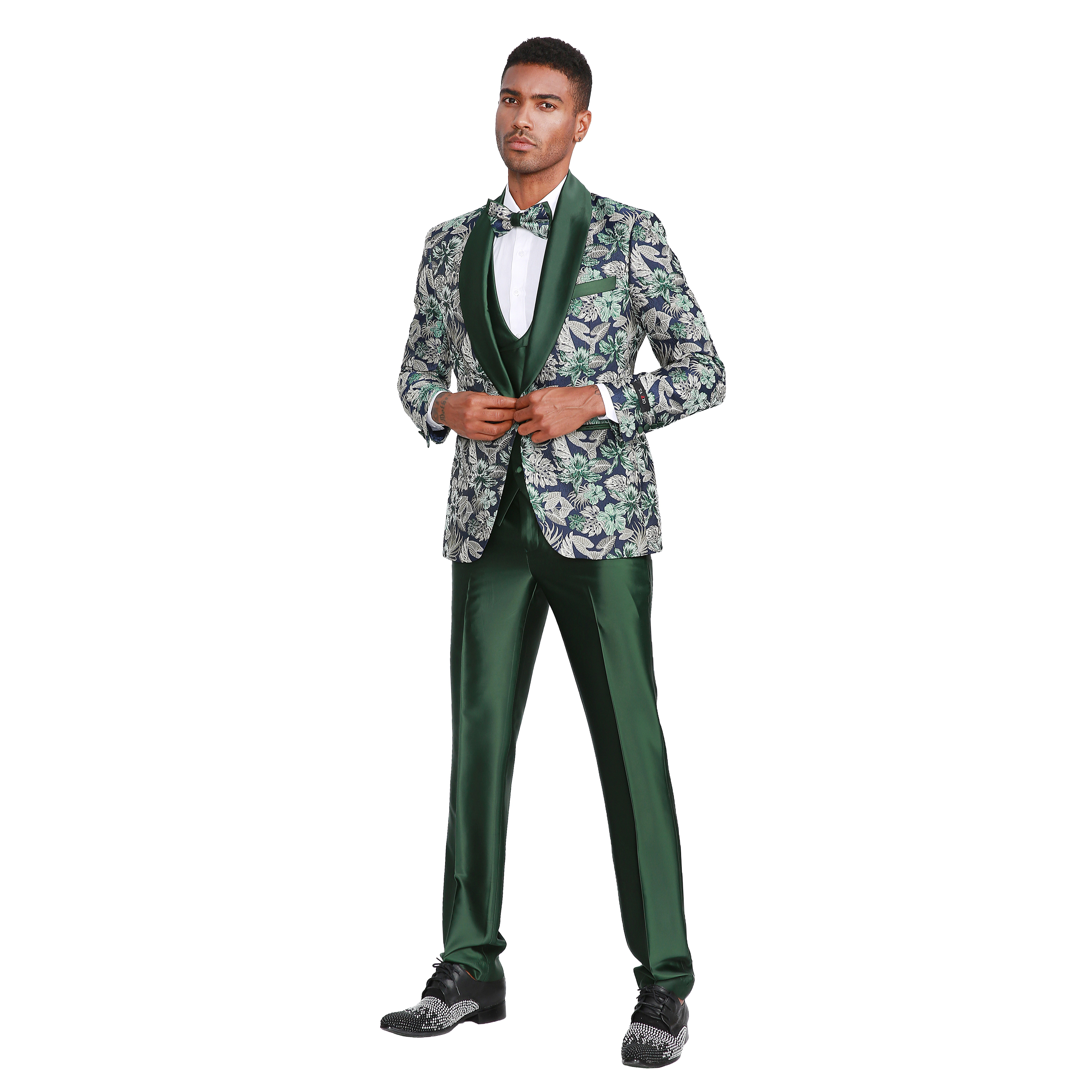 Tazzio Mens Skinny Fit Floral 3pc Fashion Suit Set With Bowtie