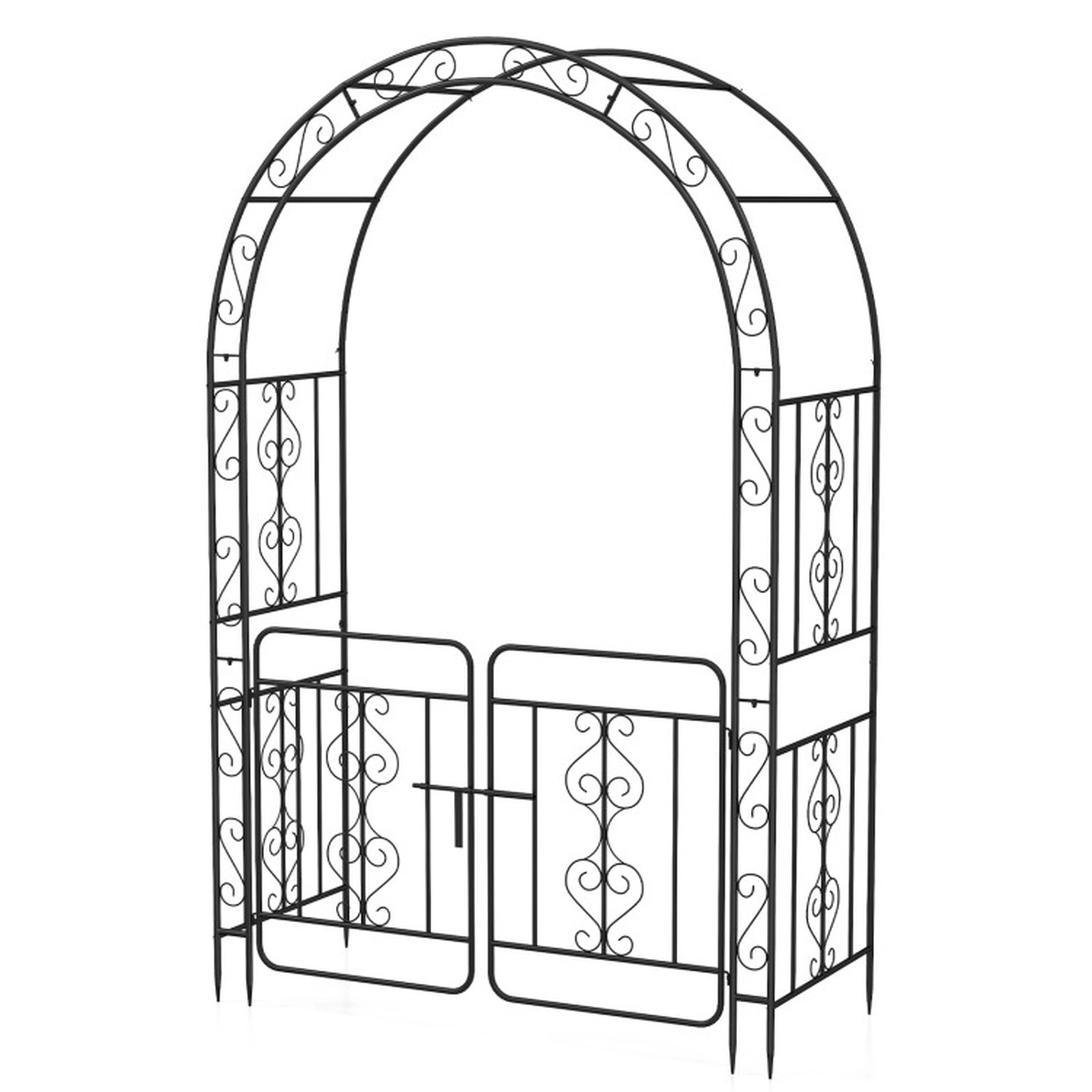 SUGIFT Black Galvanized Metal Garden Arbor with Gate Side Crossbars and 4 Ground Stakes 54-in W 23-in D 84-in H
