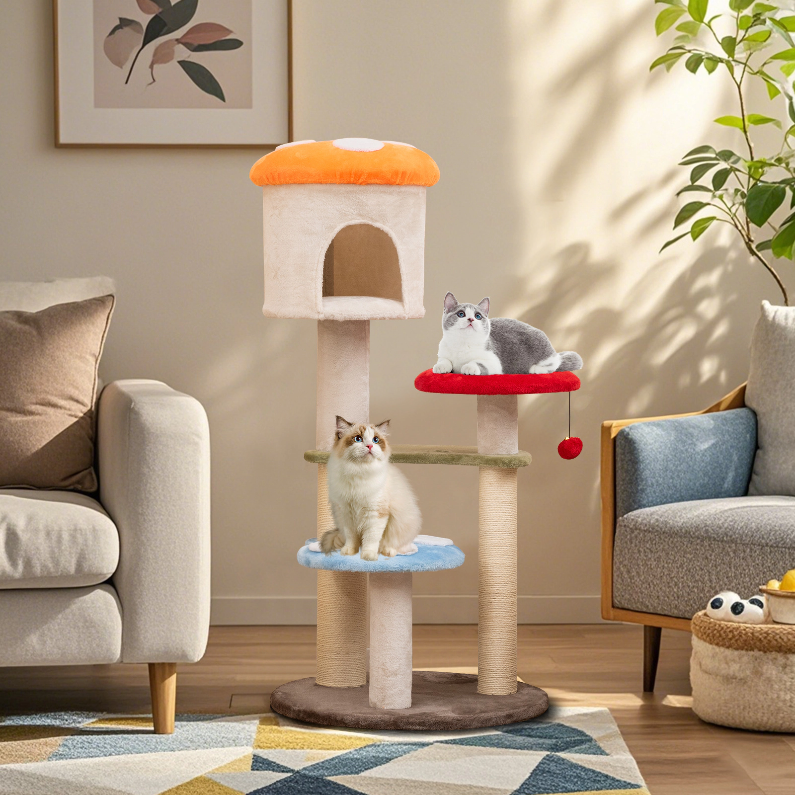 SUGIFT 48-in Mushroom-Shaped Cat Tree with Top Condo 14-in Padded Platforms and Sisal Scratching Posts