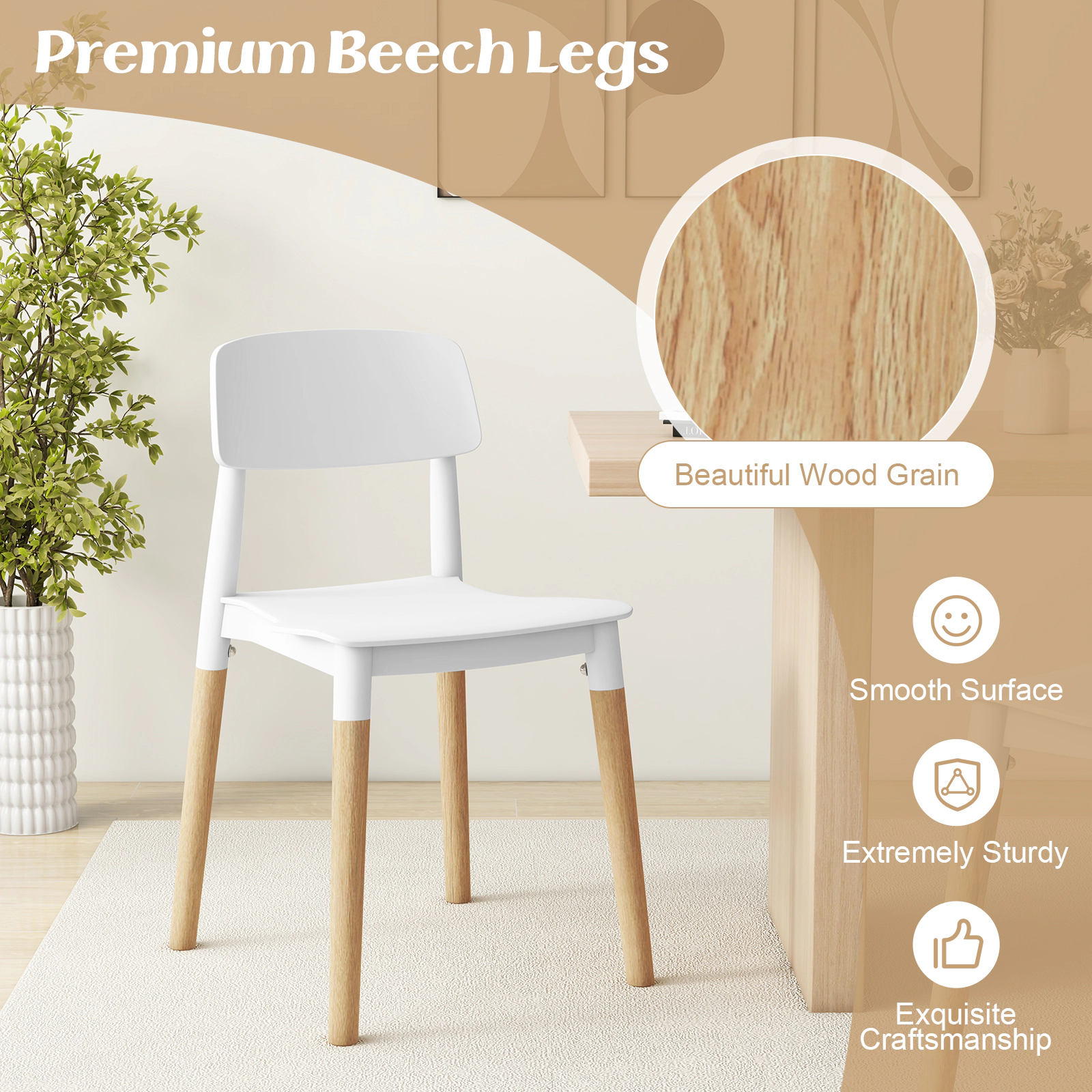 SUGIFT White Modern Ergonomic Backrest Beech Wood Legs Set of 4 Dining Side Chairs