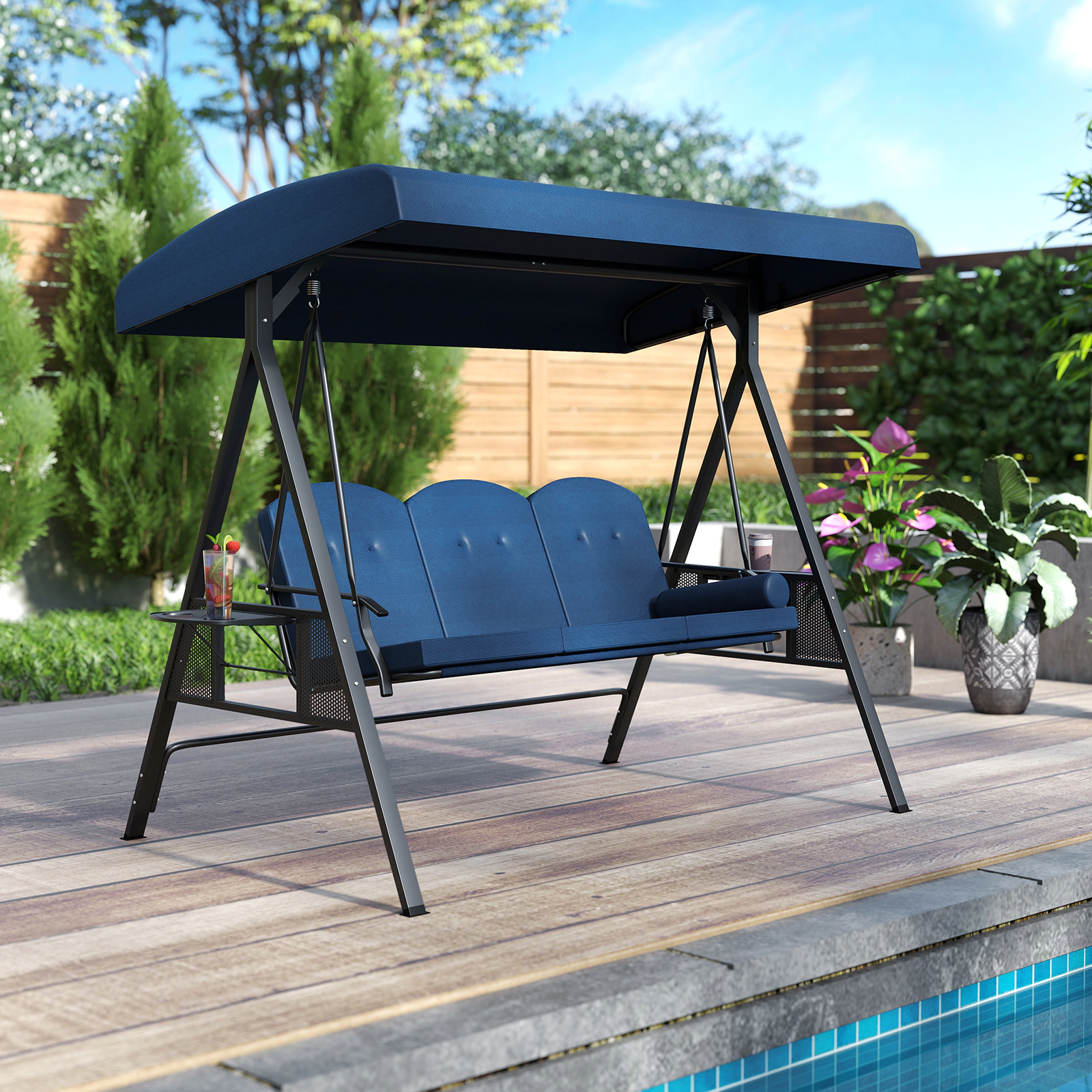 SUGIFT 3-Seat Patio Swing Chair Adjustable 60° Canopy 1000-lb Capacity with Thickened Cushions Pillow & Foldable 12.5
