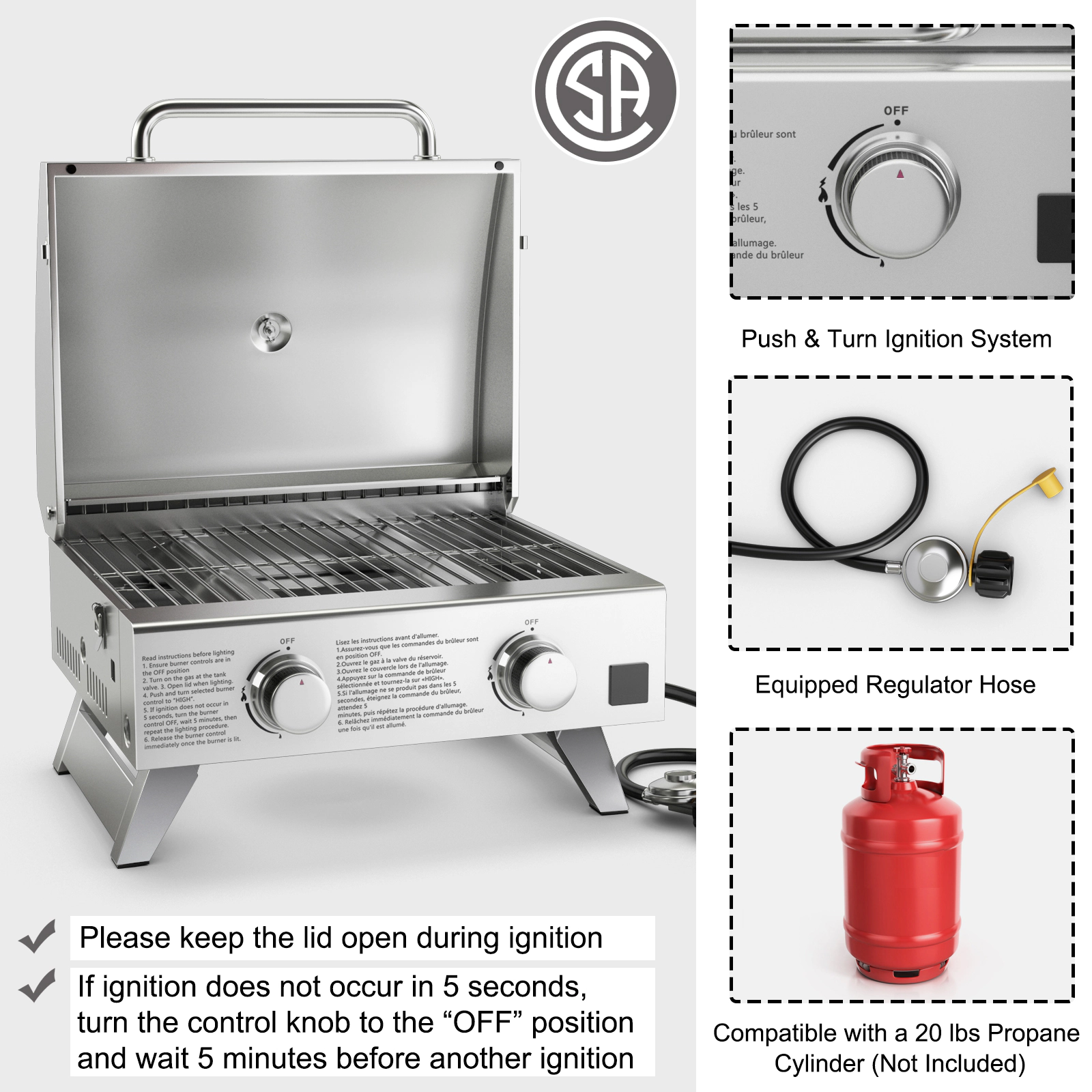 SUGIFT Dual 10,000 BTU Stainless Steel Propane Grill with Lid Portable Gas Grill Silver
