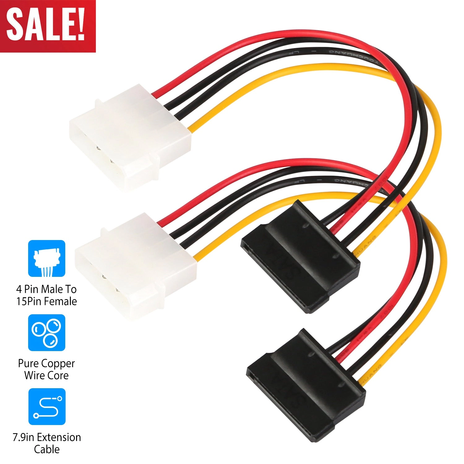 GBruno 4-Pin To 15-Pin SATA Power Cable Adapter 2-Pack