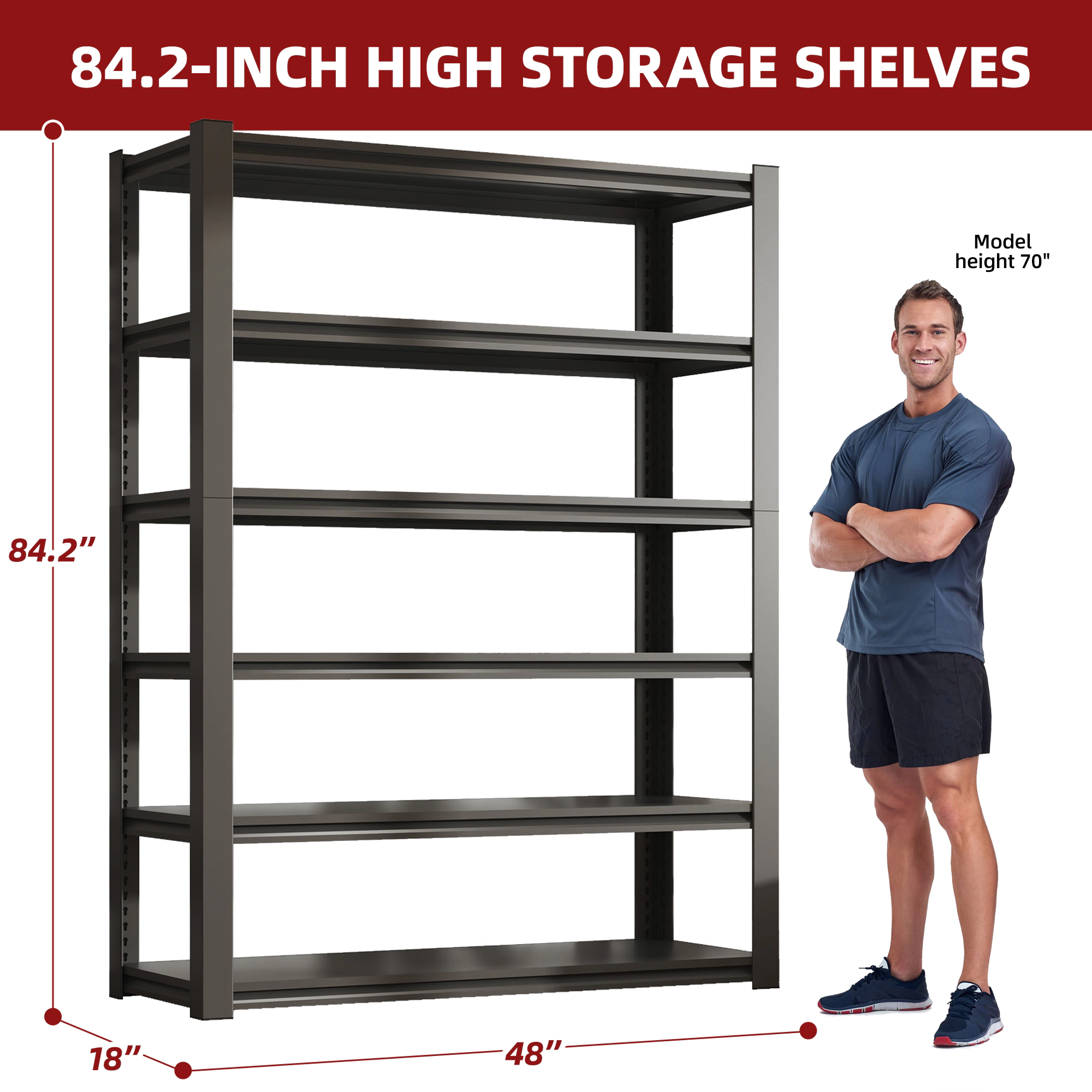 Flynama 6 Tier Heavy Duty Black Metal Utility Shelving Unit Solid Ventilated Shelves 48 in W x 18 in D x 82 in H