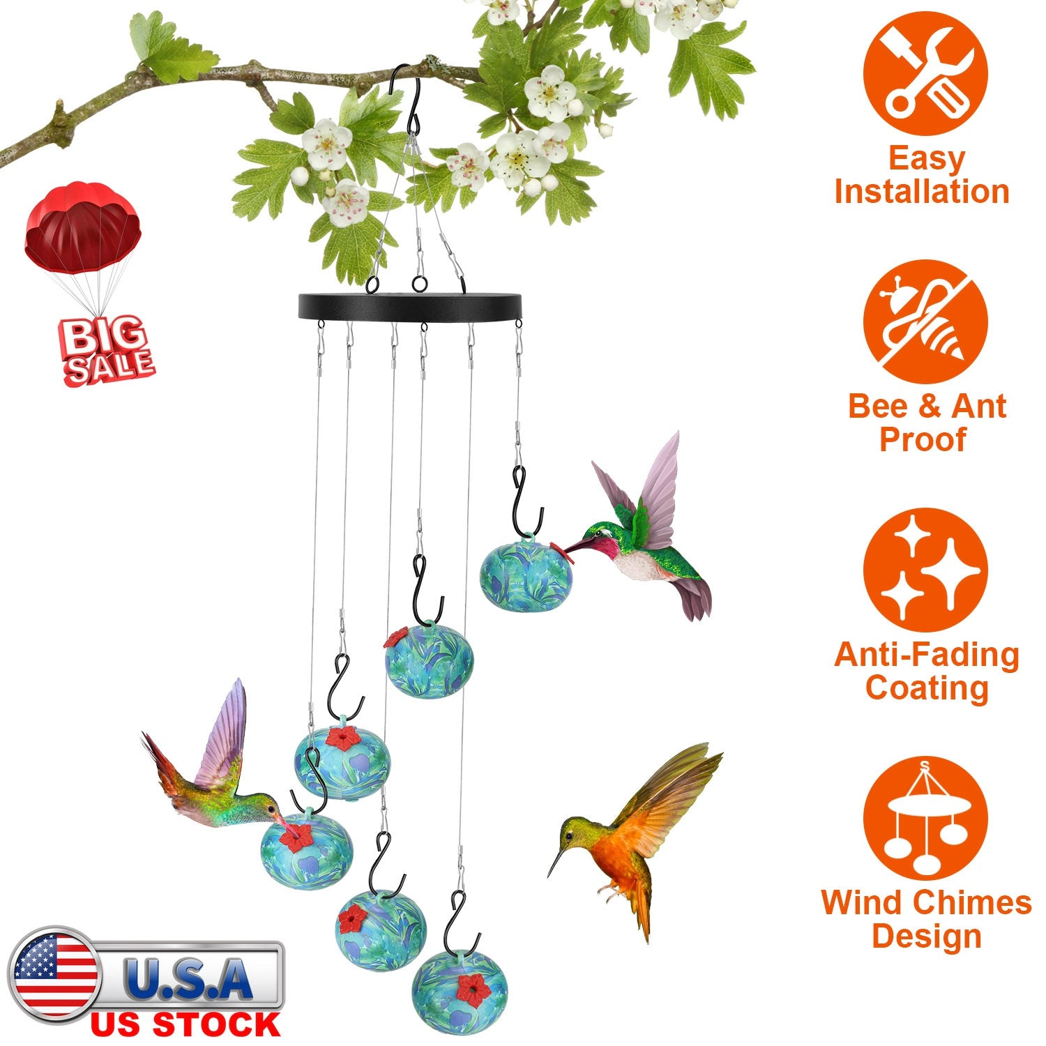 GBruno Wind Chime Hummingbird Feeder With Ant Guard