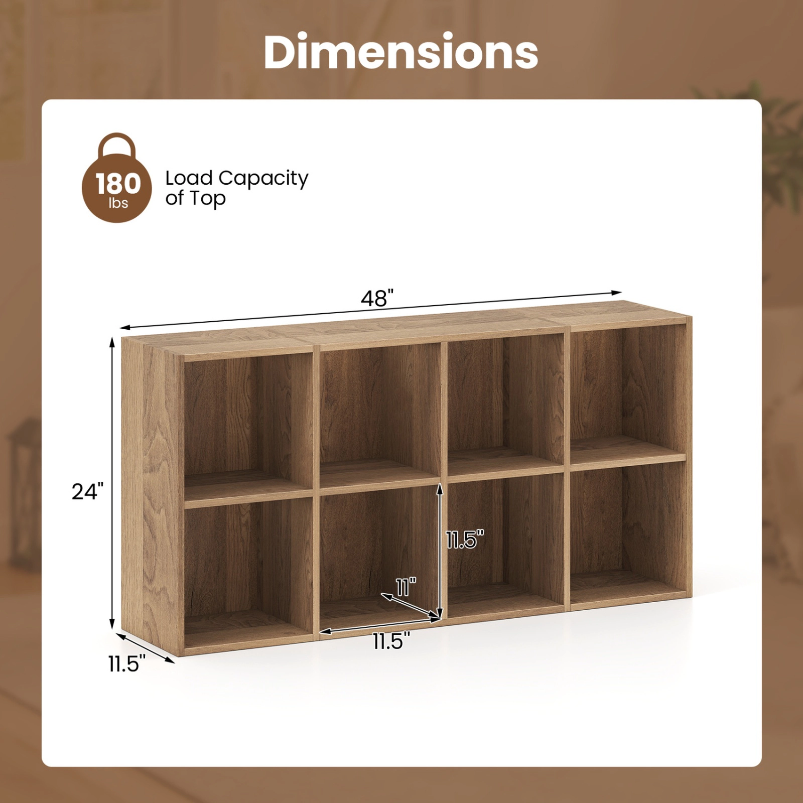 SUGIFT Natural 8-Cube Bookcase 48 in Wide with 180-lb Countertop and Anti-Tipping Kits